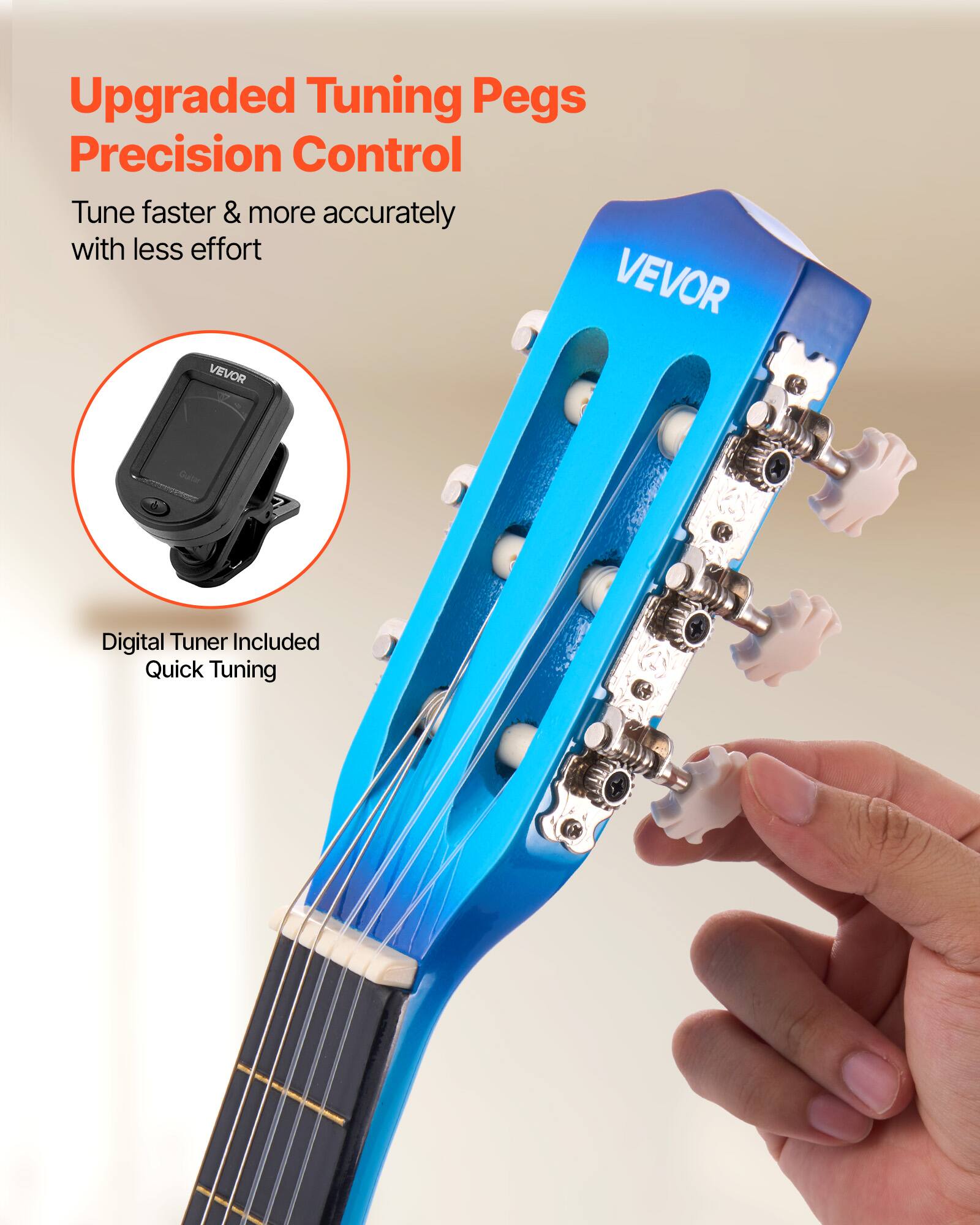 Upgraded Tuning Pegs  
Precision Control  
Tune faster & more accurately with less effort  

VEVOR  

Digital Tuner Included  
Quick Tuning