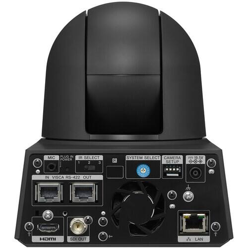 MIC PLUG IN POWER  
IR SELECT 1 2 3  
SYSTEM SELECT CAMERA SETUP  
19.5V C  
IN VISCA RS-422 OUT  

HDMI  
SDI OUT  
LAN