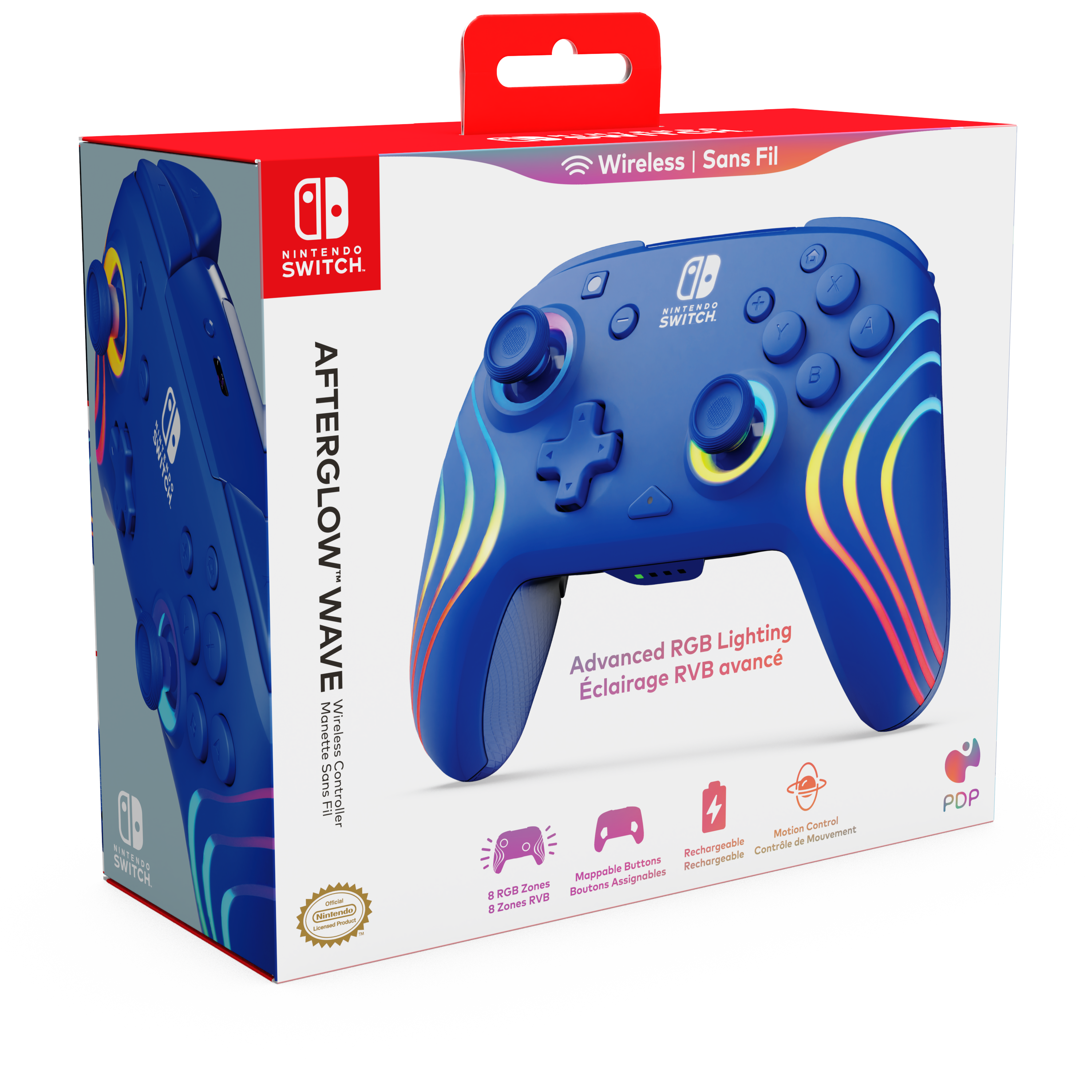 The text on the image reads: "AFTERGLOW WAVE Wireless Controller for Nintendo Switch - No Wires - Advanced RGB Lighting - Motion Control - Rechargeable - Mappable Assignables - RGB Zones - Boutons 8 - RGB 5 Zones - PDP."