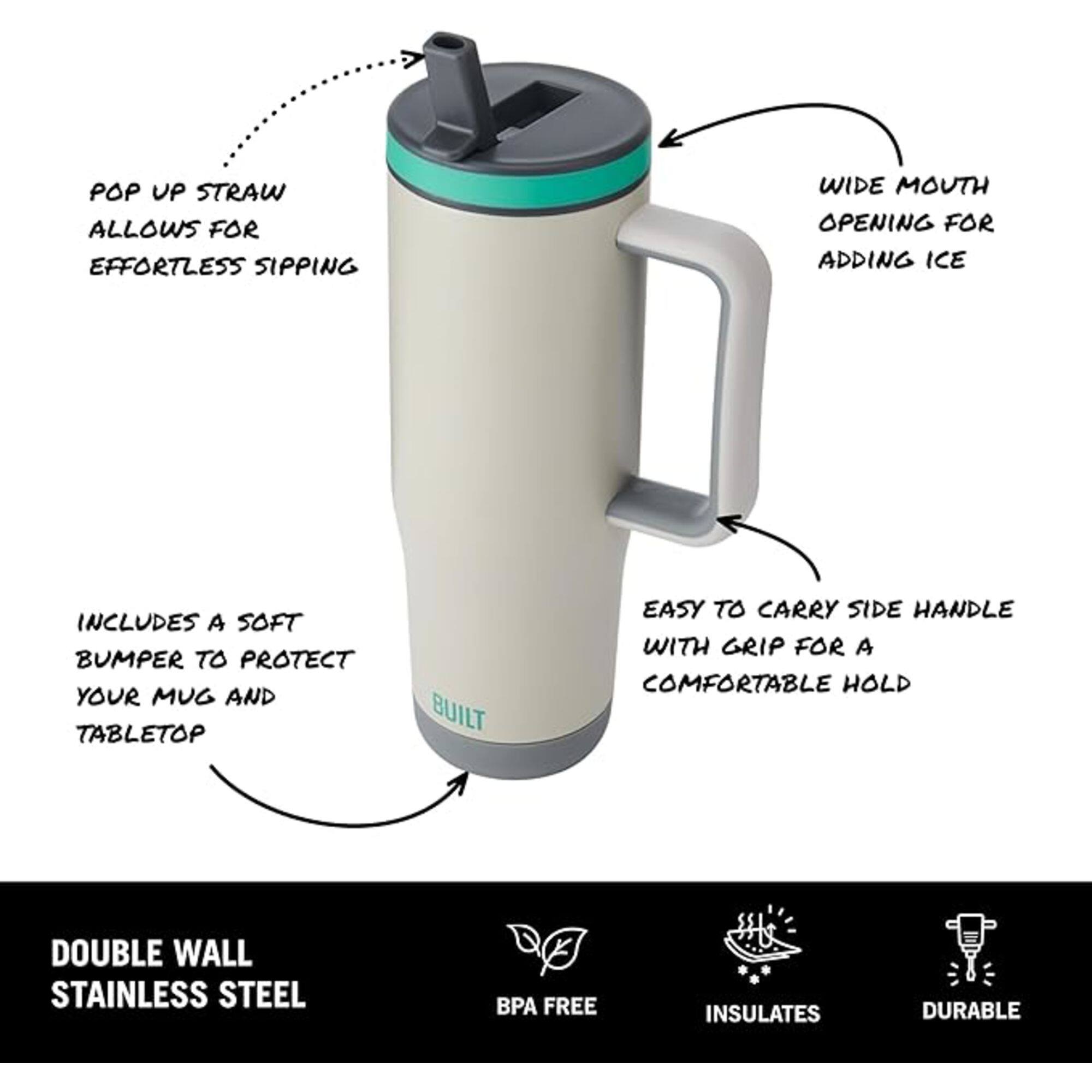 - Pop up straw allows for effortless sipping
- Wide mouth opening for adding ice
- Includes a soft bumper to protect your mug and tabletop
- Easy to carry side handle with grip for a comfortable hold
- Double wall stainless steel
- BPA free
- Insulates
- Durable