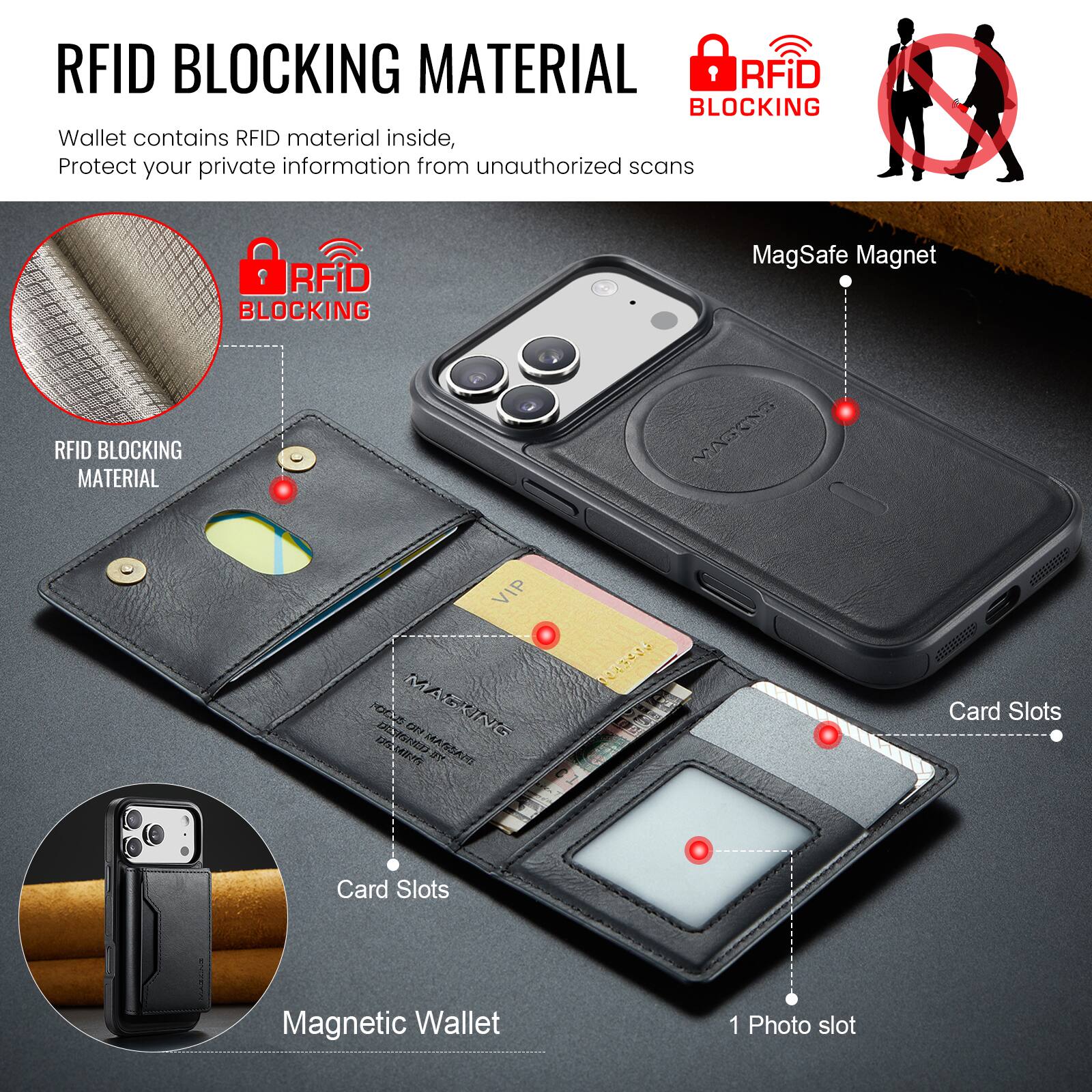 RFID BLOCKING MATERIAL

Wallet contains RFID material inside, Protect your private information from unauthorized scans

RFID BLOCKING MATERIAL

MagSafe Magnet

Card Slots

Card Slots

Magnetic Wallet

1 Photo slot