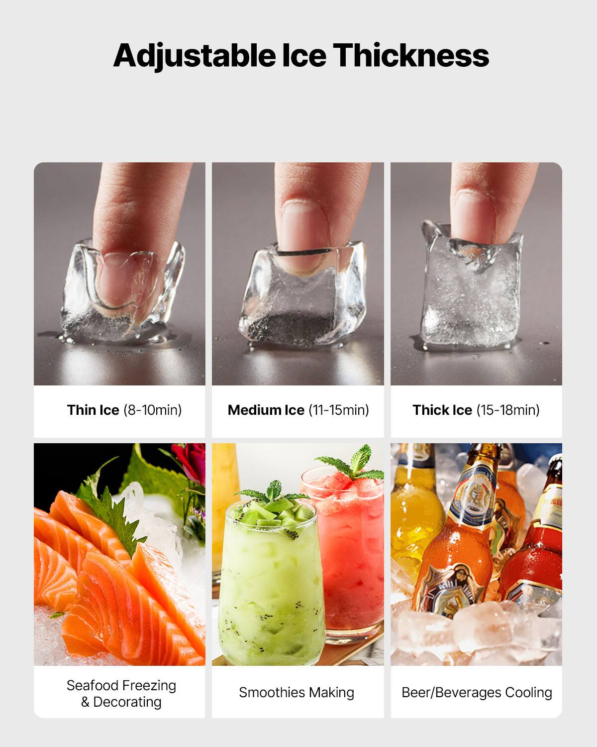 Adjustable Ice Thickness

Thin Ice (8-10min)
Medium Ice (11-15min)
Thick Ice (15-18min)

Seafood Freezing & Decorating
Smoothies Making
Beer/Beverages Cooling