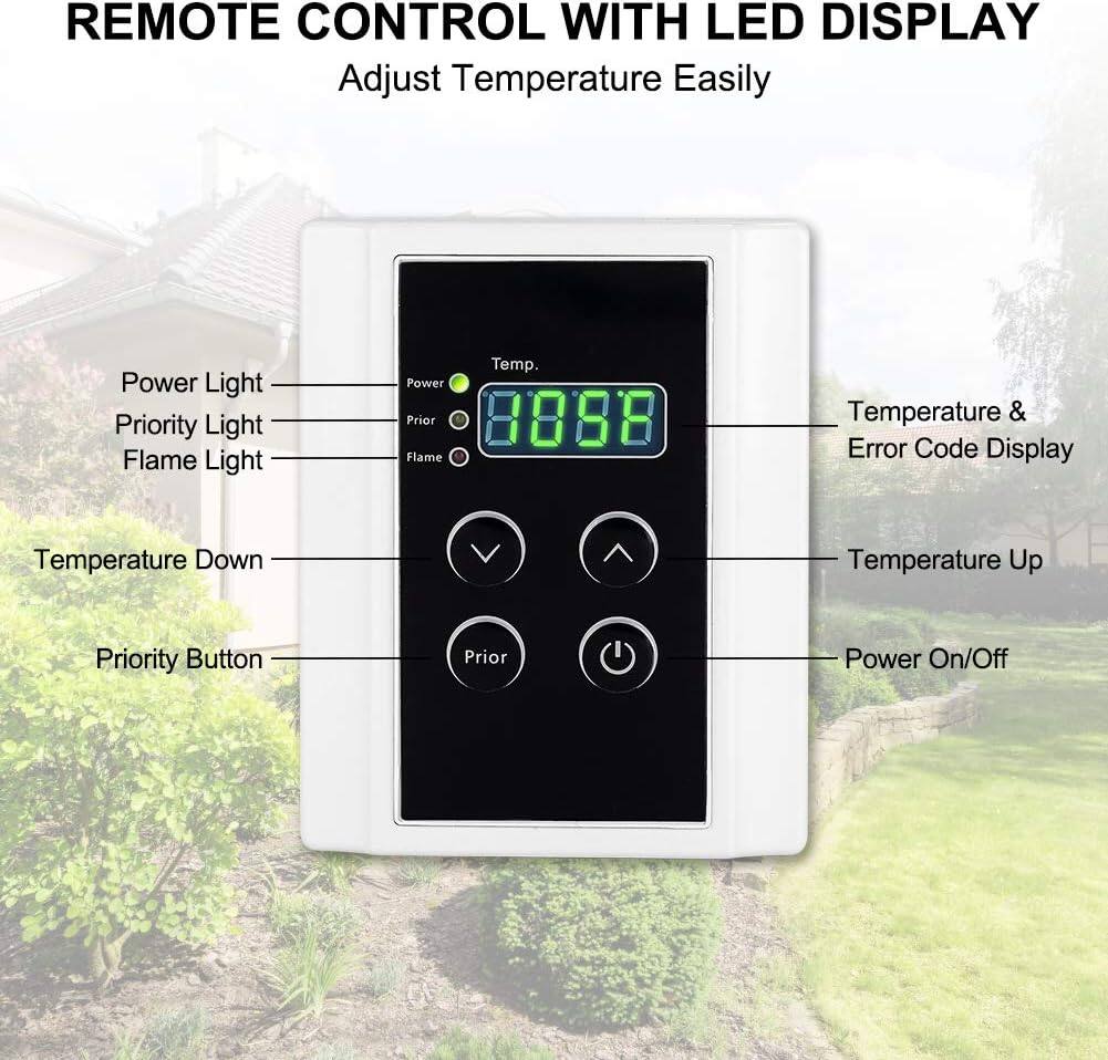 REMOTE CONTROL WITH LED DISPLAY  
Adjust Temperature Easily  

- Power Light  
- Priority Light  
- Flame Light  

- Temperature Down  
- Priority Button  
- Power On/Off  

- Temperature & Error Code Display  
- Temperature Up
