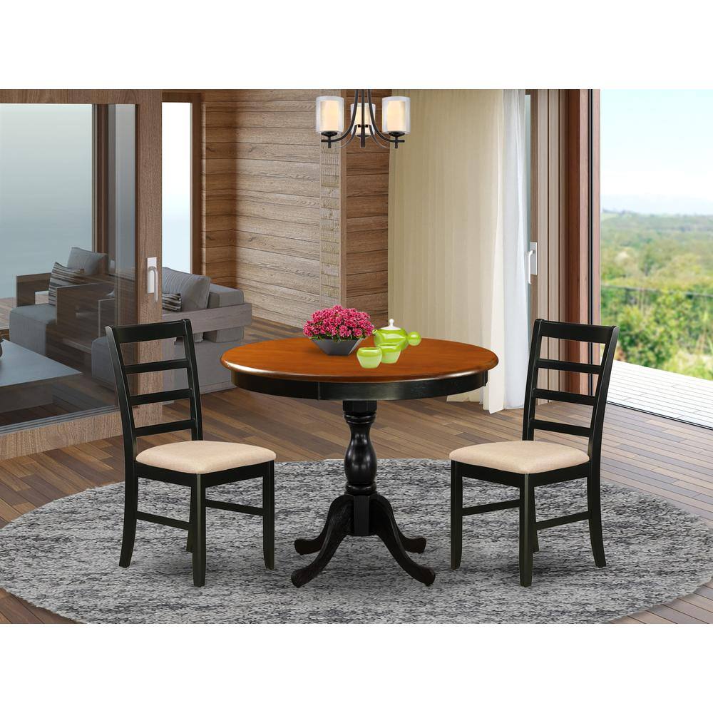 Angle. East West Furniture - East West Furniture 3-Pc Modern Dining Table Set Includes a Round Kitchen Table and 2 Linen Fabric Dining Room Chairs - Multi-Color.