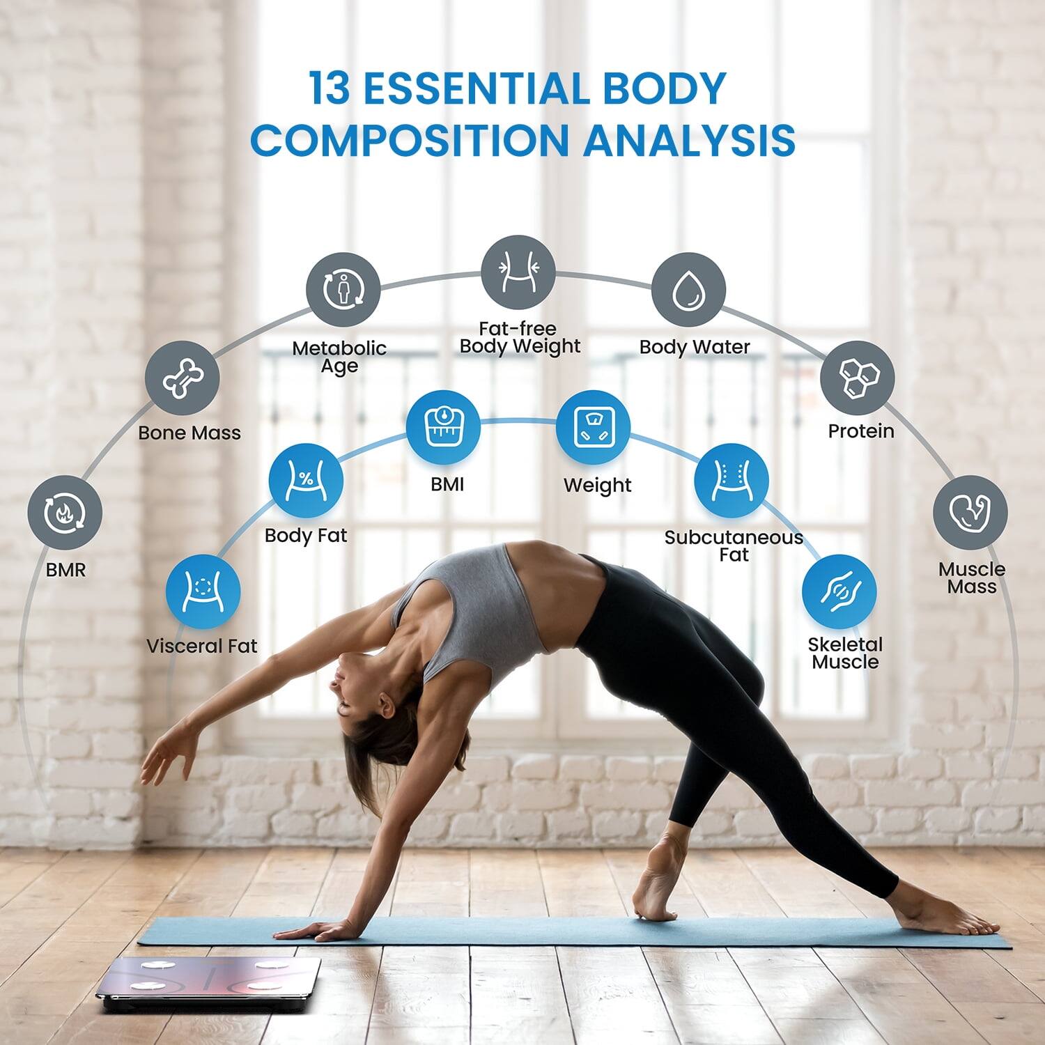 13 ESSENTIAL BODY COMPOSITION ANALYSIS

- Metabolic Age
- Fat-free Body Weight
- Body Water
- Bone Mass
- Protein
- BMI
- Weight
- BMR
- Body Fat
- Subcutaneous Fat
- Muscle Mass
- Visceral Fat
- Skeletal Muscle