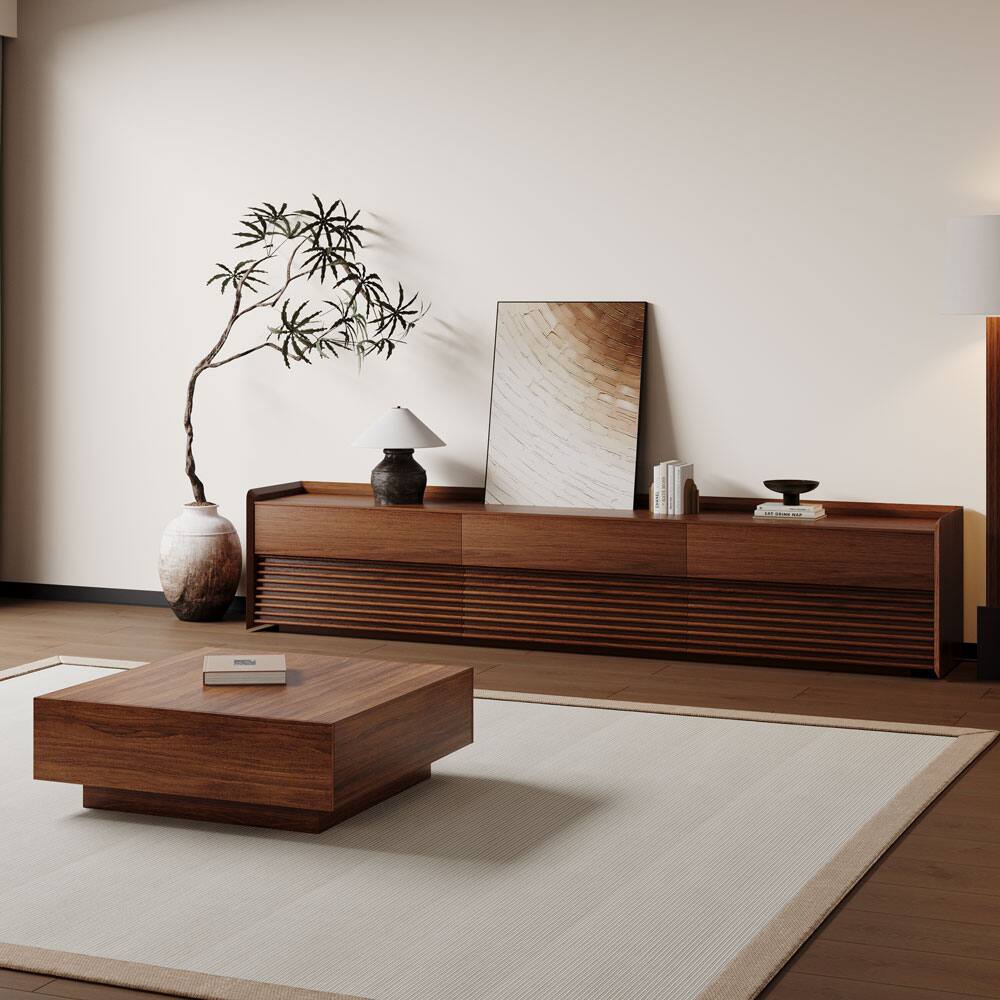 Left. POVISON - 95"Fully-Assembled Mid-Century TV Stand, Walnut Modern Cabinet with Adjustable Light, Perfect for 85-inch TVs - Walnut.