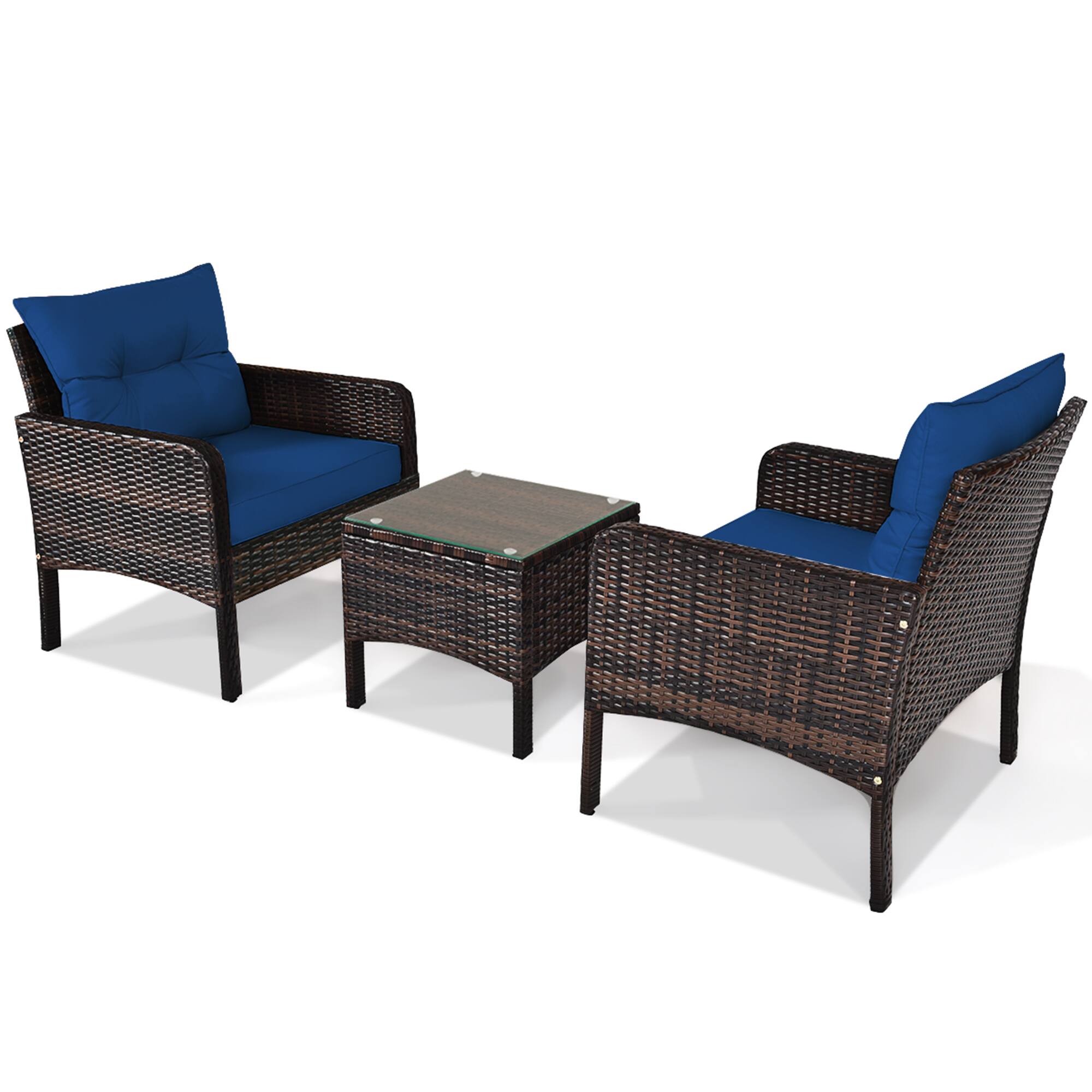 Alt View 9. Gymax - Gymax 3PCS Rattan Patio Conversation Furniture Set Yard Outdoor w/ Navy Cushions - Navy.
