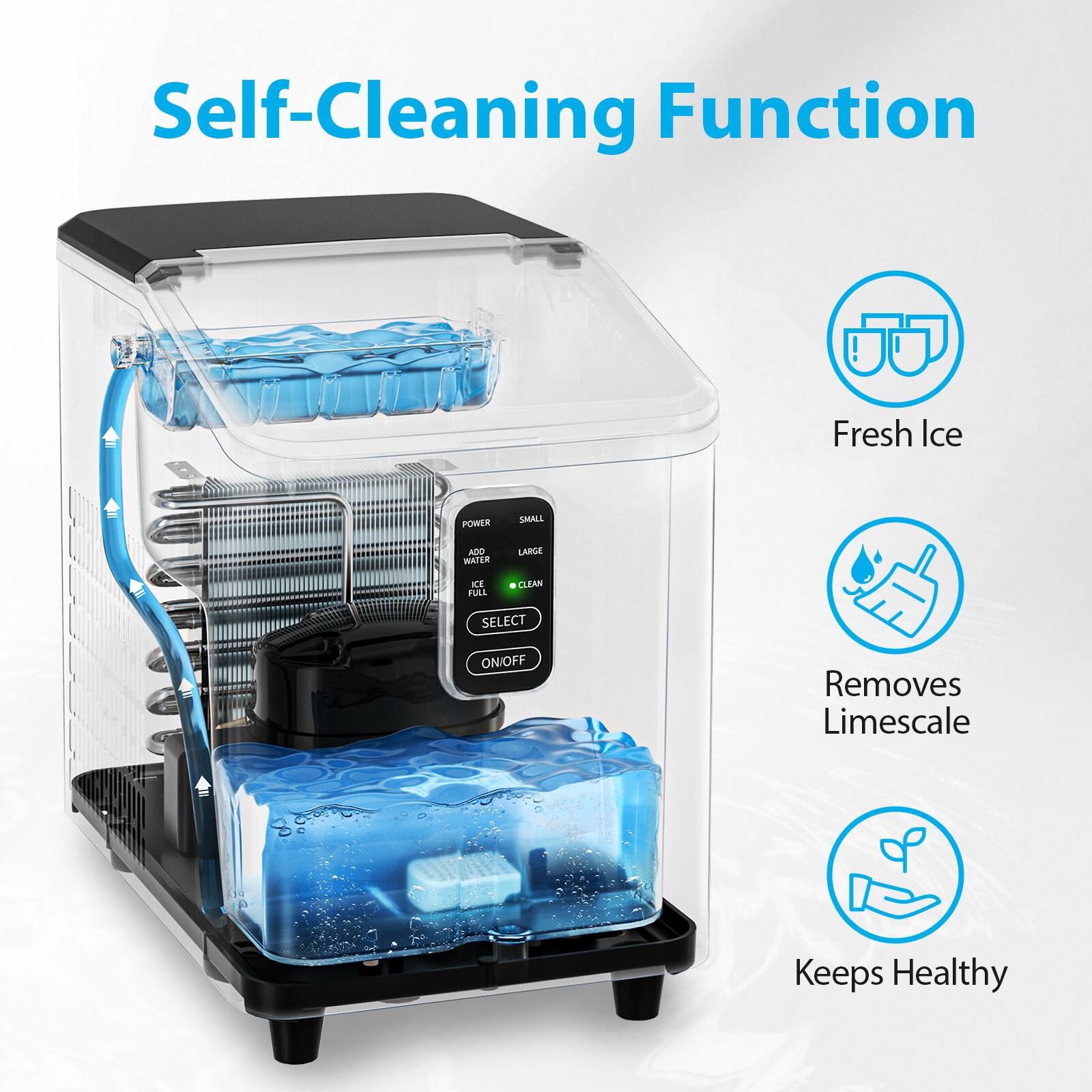 Self-Cleaning Function

- Fresh Ice
- Removes Limescale
- Keeps Healthy

POWER SMALL LARGE FULL CLEAN SELECT ON/OFF