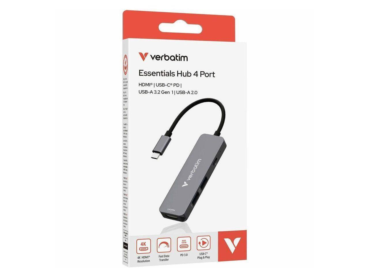 verbatim  
Essentials Hub 4 Port HDMI | USB-C PD | USB-A 3.2 Gen 1 | USB-A 2.0  
4K HDMI Resolution  
Fast Data Transfer  
PD 3.0  
USB-C Plug & Play