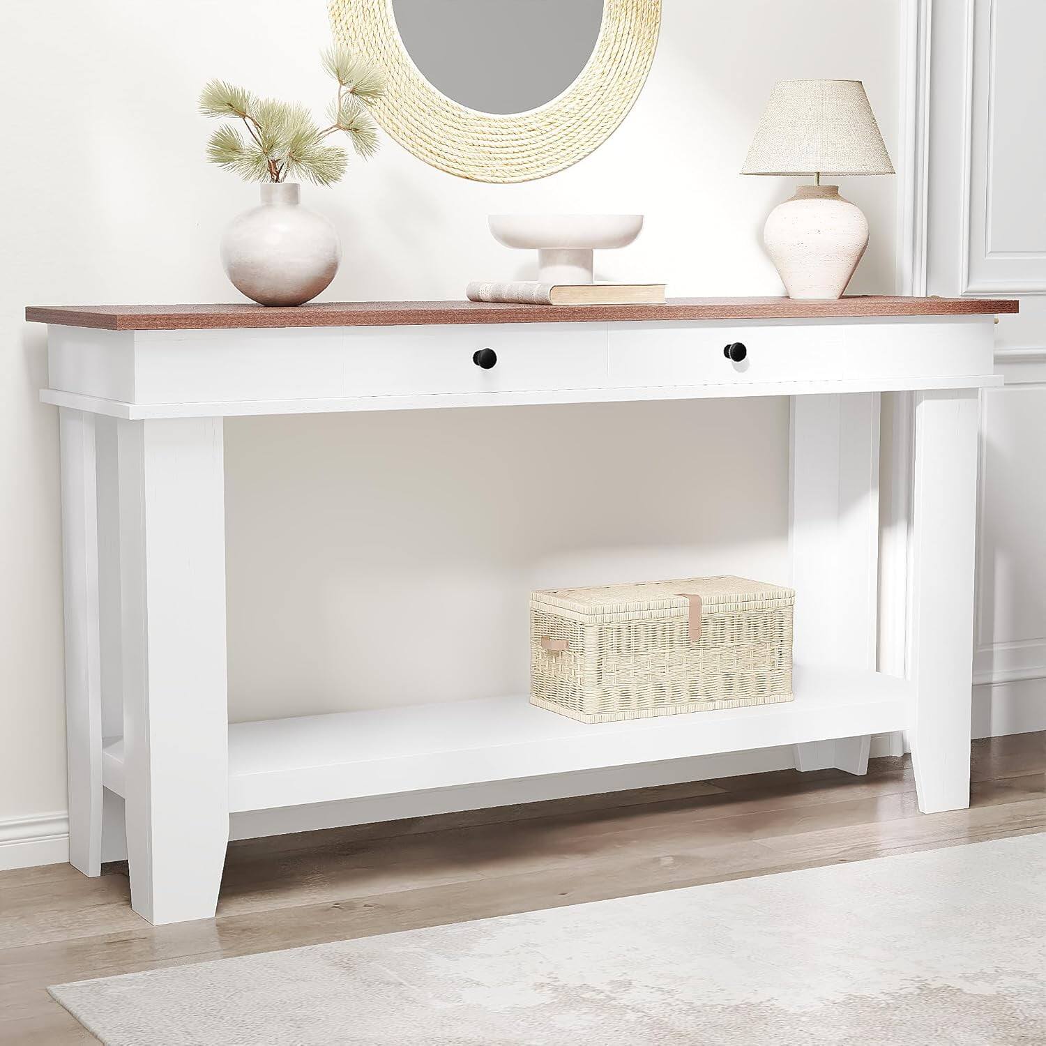 Left. Electrodes Masters - 54-Inch Console Table for Entryway - Elegant Design with Storage, Ideal for Living Room in White - Brown+White.