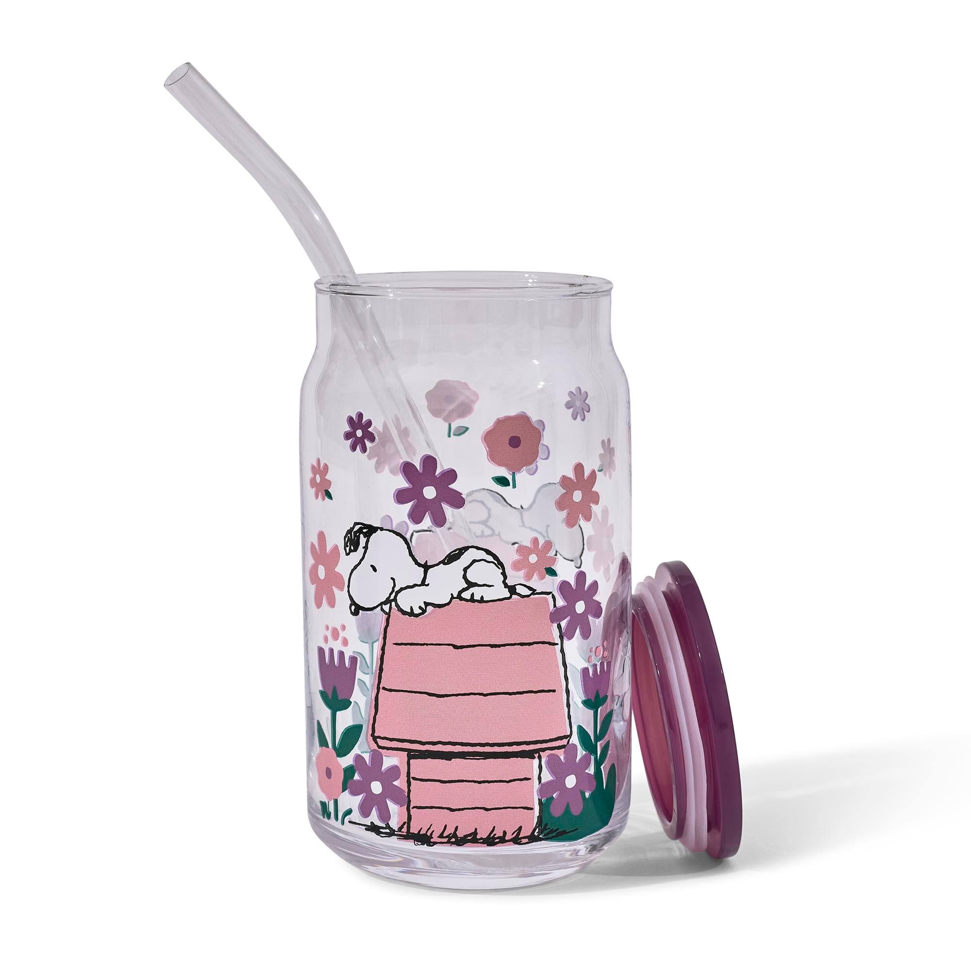 Alt View 10. Silver Buffalo - Peanuts Snoopy 16-Ounce Doghouse Flowers Glass Tumbler With Plastic Lid and Straw - Pink.