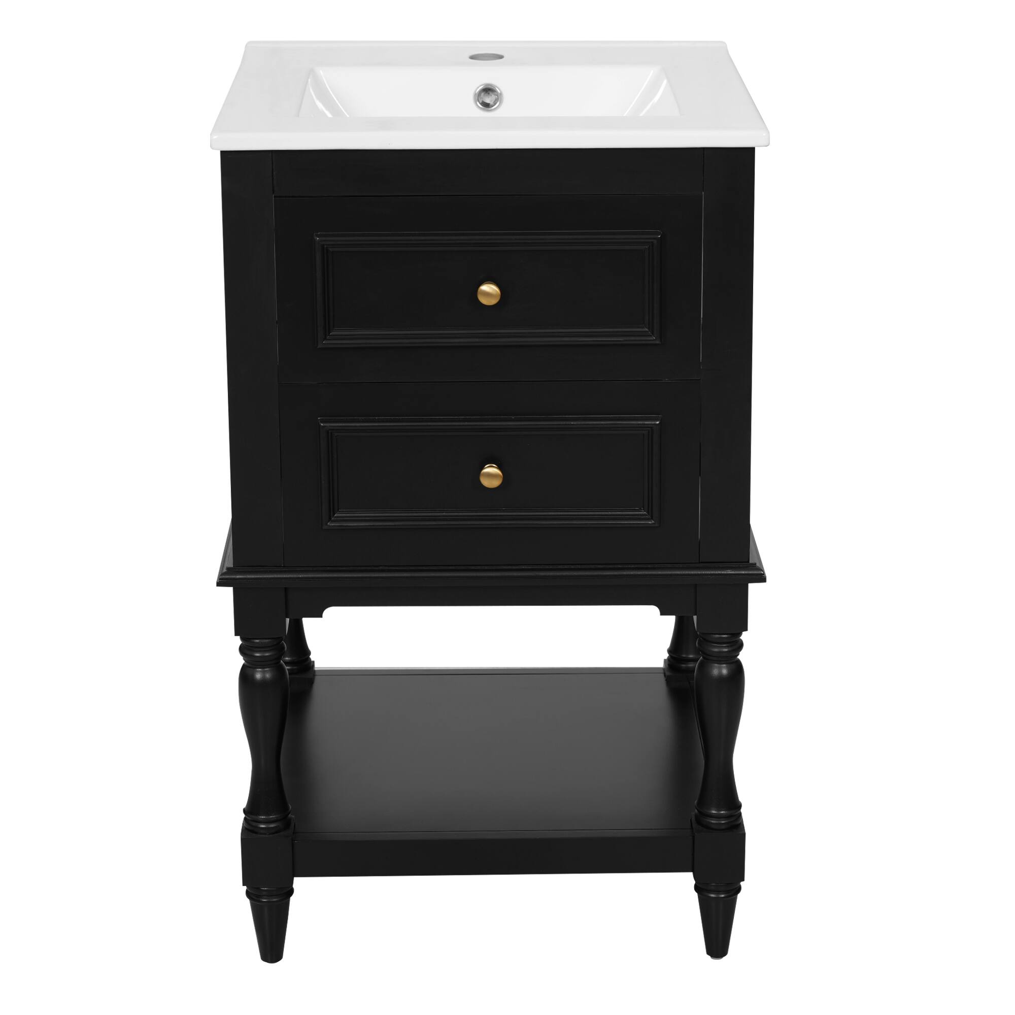 Back. Whisen - 20 Inch Retro Bathroom Vanity with Ceramic Sink 2-Drawer Storage Cabinet and Open Shelf for Home - Black.