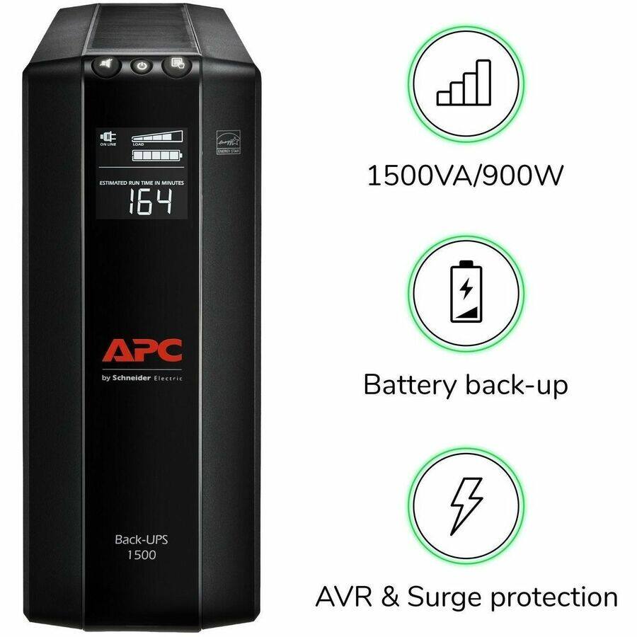 * ESTIMATED RUN TIME IN MINUTES 164
* 1500VA/900W
* APC by Schneider Electric
* Battery back-up
* Back-UPS 1500
* AVR & Surge protection