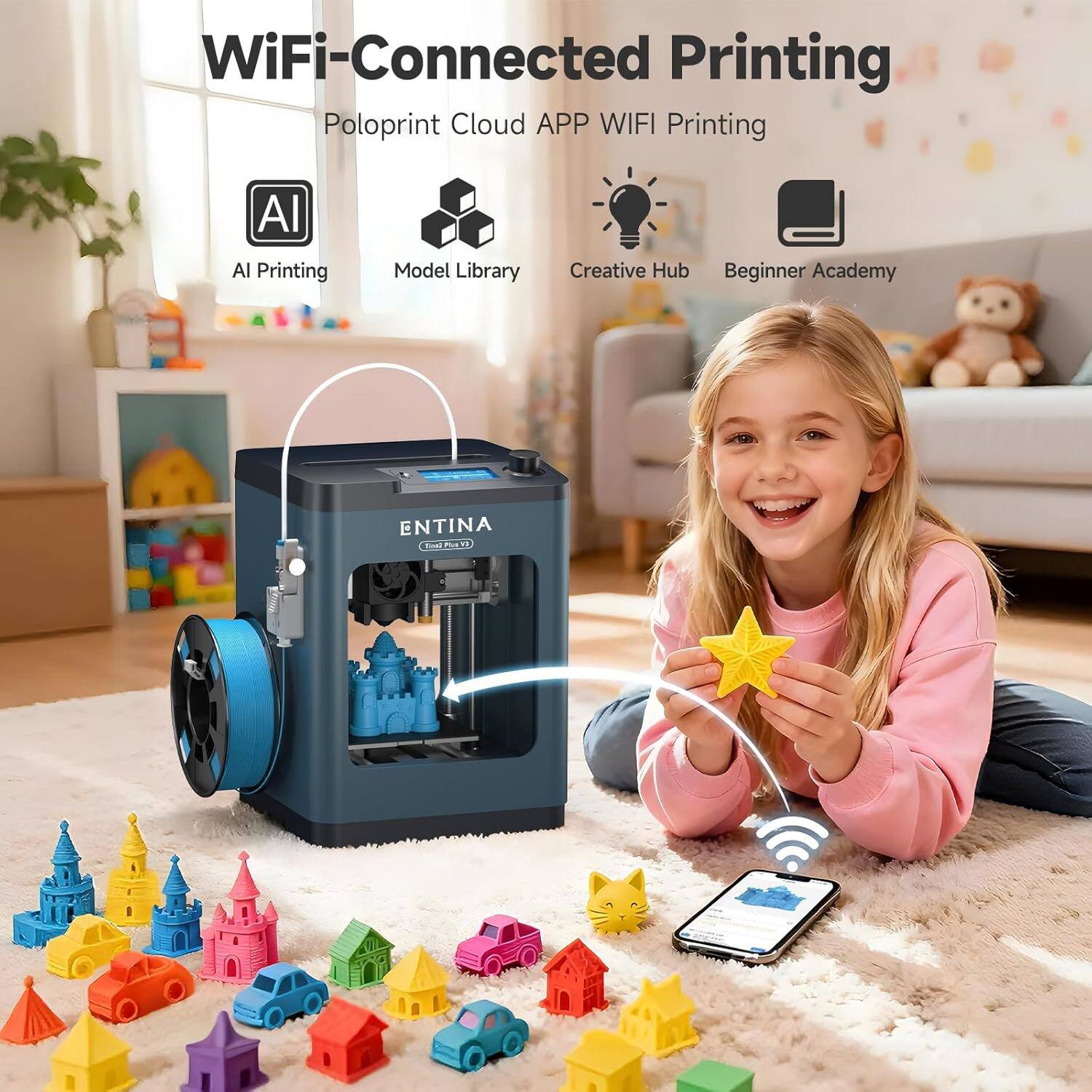 WiFi-Connected Printing  
Poloprint Cloud APP WIFI Printing  
AI Printing  
Model Library  
Creative Hub  
Beginner Academy  
ENTINA