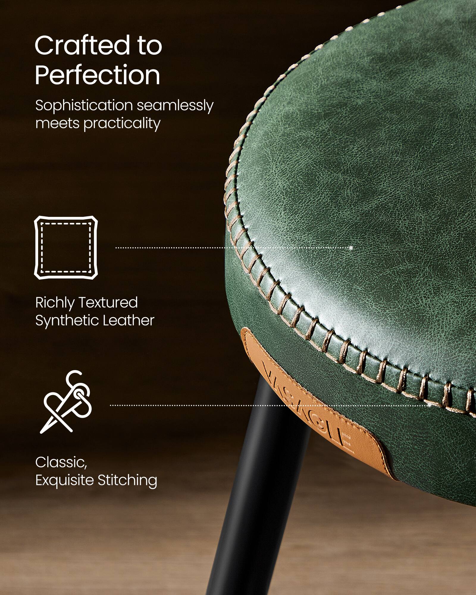 Crafted to Perfection  
Sophistication seamlessly meets practicality  

Richly Textured Synthetic Leather  

Classic, Exquisite Stitching