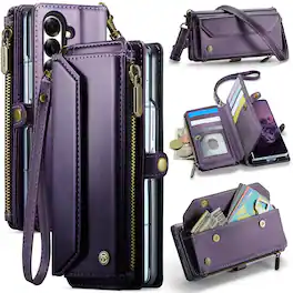 Dteck - Crossbody Wallet Case for Samsung Galaxy Z Fold7 with Card Slots and Zipper Pocket, RFID Blocking PU Leather Cover - Purple