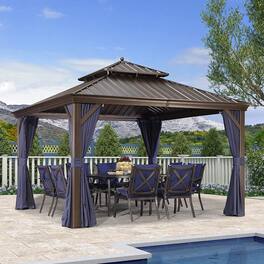 PURPLE LEAF - Outdoor Hardtop Gazebo for Patio Bronze Aluminum Frame Pavilion with Navy-Blue Curtain - 12' X 12'