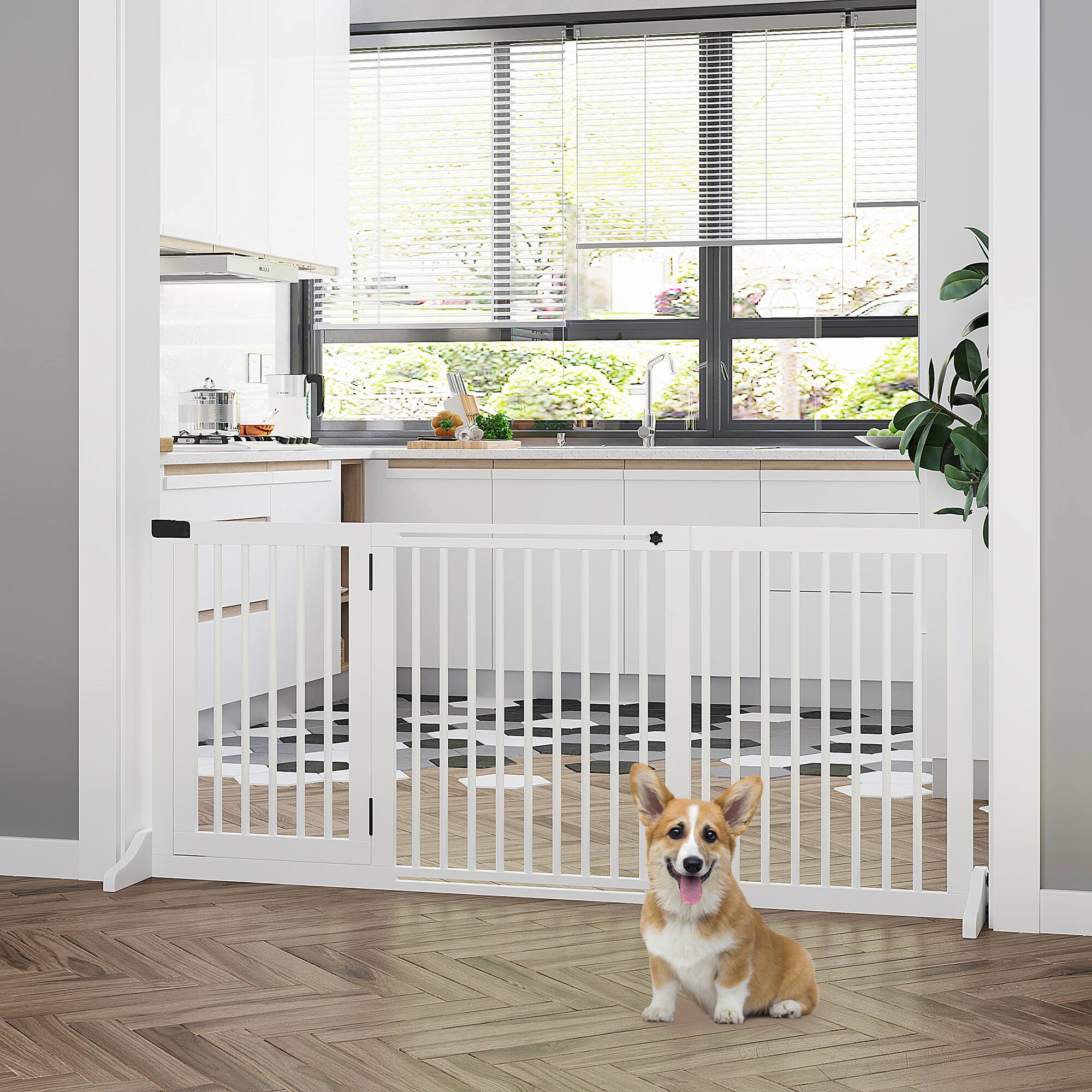 Angle. Pawhut - Freestanding Length Adjustable Wooden Pet Gate with Lockable Door 3 Panels.
