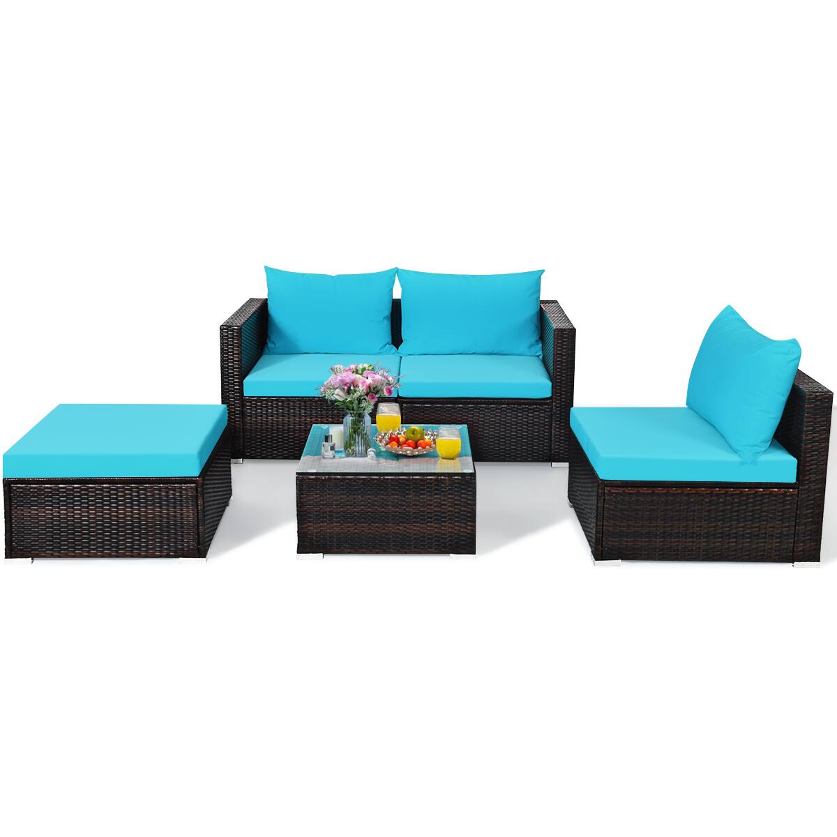 Alt View 1. Gymax - Gymax 5PCS Cushioned Rattan Patio Conversation Set w/ Coffee Table Ottoman - Blue.