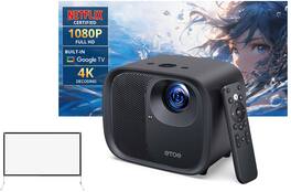 ETOE - E3 Pro Google TV Smart Projector & 50'' Projection Screen, 1080P FHD, Auto Focus/Keystone, Bluetooth/WiFi, Home Theater - Black