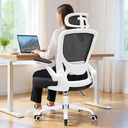 KERDOM - Ergonomic Office Chair, High Back Mesh Chair, Adjustable Lumbar Support & Headrest, Flip-up Arms, Computer Gaming Chair - White