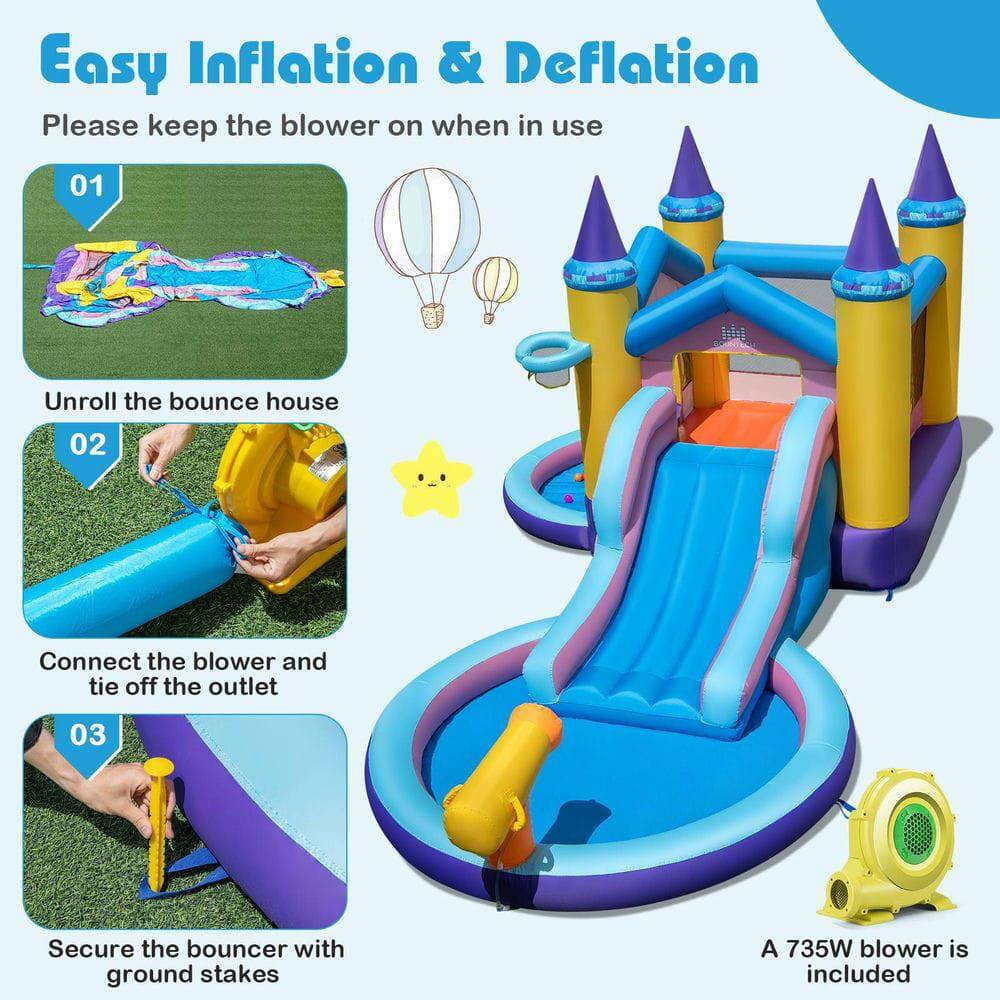 Easy Inflation & Deflation  
Please keep the blower on when in use  

01 Unroll the bounce house  
02 Connect the blower and tie off the outlet  
03 Secure the bouncer with ground stakes  

A 735W blower is included