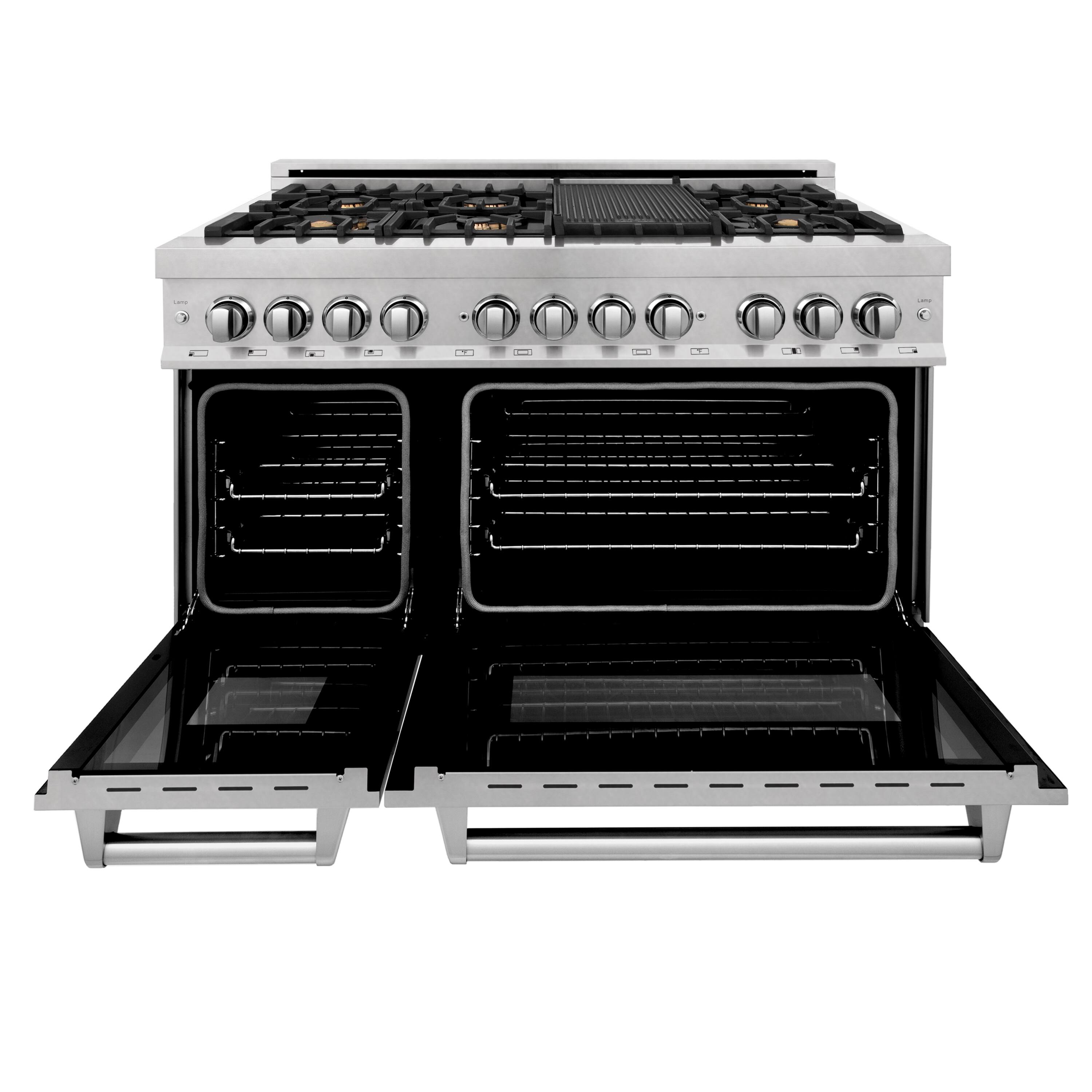 Left. ZLINE - ZLINE 48 in. Legacy Dual Fuel Range with 6 Brass Burners (RAS-SN-BR-48) - Satin Stainless Steel.