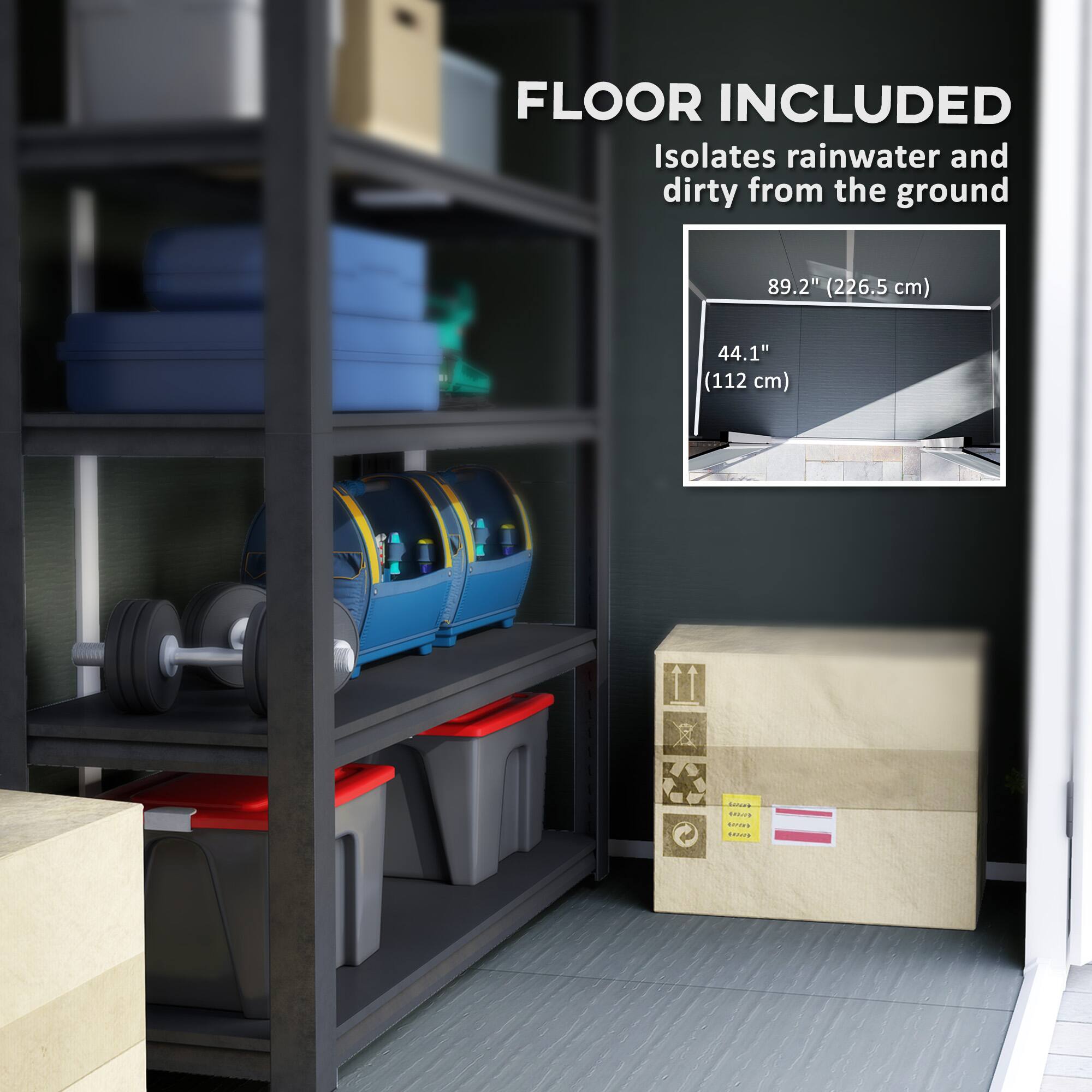 FLOOR INCLUDED
Isolates rainwater and dirty from the ground
89.2" (226.5 cm)
44.1" (112 cm)