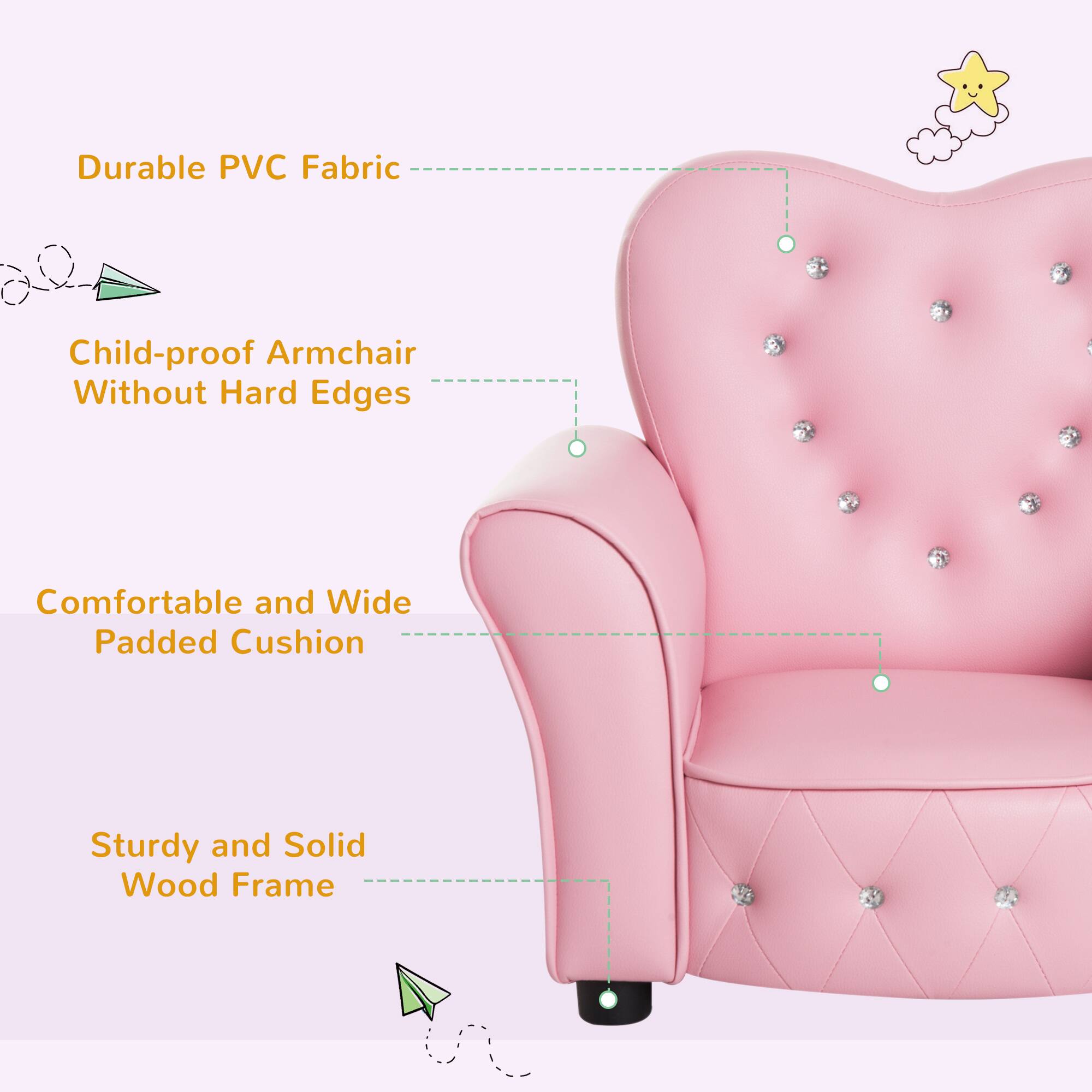 - Durable PVC Fabric
- Child-proof Armchair Without Hard Edges
- Comfortable and Wide Padded Cushion
- Sturdy and Solid Wood Frame