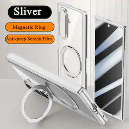 Dteck - For Samsung Galaxy Z Fold8 Ultra Clear Rugged Case Built-in Screen Protector,360° Ring Kickstand Hinge Protection Cover - Silver(Privacy Film)
