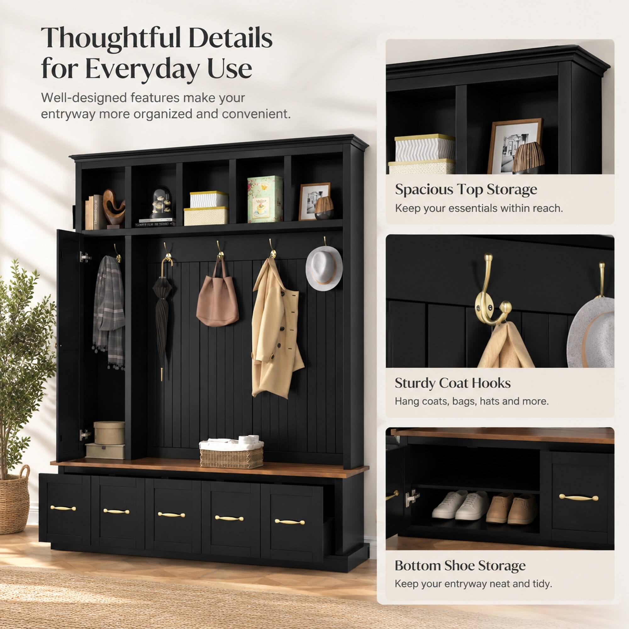 RYHNUYNE U Can Hall Tree, 59 in Wide, MDF Frame, Coat Hooks, Shoe Bench ...