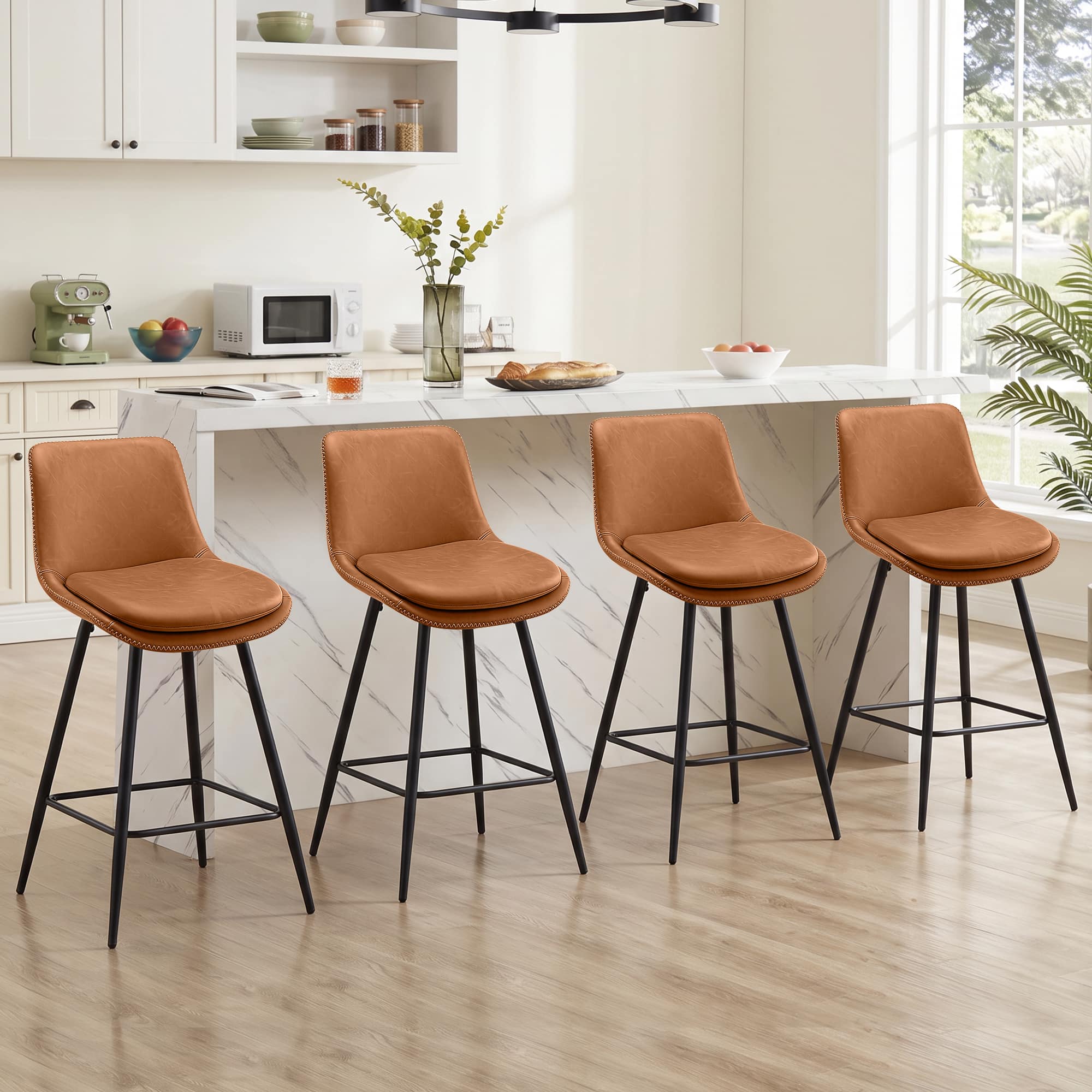 KERDOM - 26'' Height Bar Stools Set of 2/3/4, PU Leather Kitchen Island Chairs for Home Pub, Tall Dining Chair Cafe Counter Stool - 4pcs