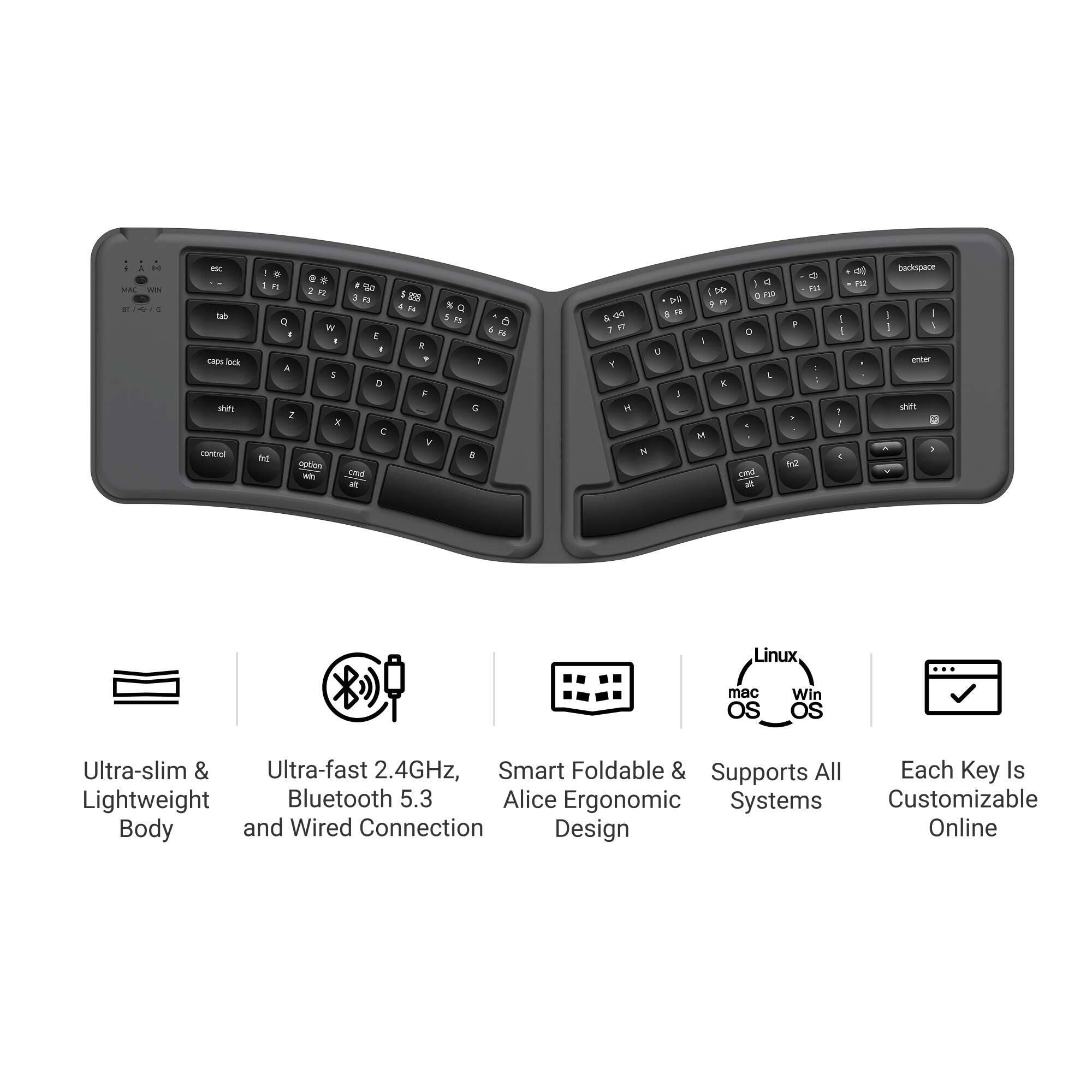 A H MAC WN STHONG  
esc caps lock shift control  
@ + 1 h I 80 2 F2 3 FA Q W : E 4 I 4 5 D I X C fat option wh and at  
5 sat a R 9 F  
%  
1 G  

PT 7 F7 U Y J H N  
W 5 I K N  
1 b R1 PIP ? 0 L : .. 10 at  
I I 1 I  
F12  
backspace I / I I enter shift I  
Linux  
mac OS  
Win OS  
Ultra-slim & Ultra-fast 2.4GHz, Smart Foldable & Supports All Each Key Is Lightweight Bluetooth 5.3 Alice Ergonomic Systems Customizable Body and Wired Connection Design Online