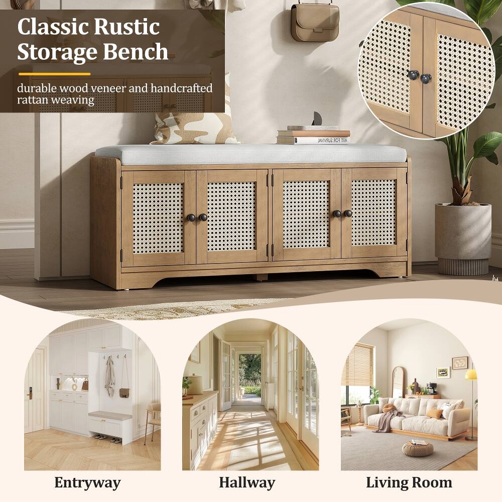 Classic Rustic Storage Bench  
durable wood veneer and handcrafted rattan weaving  

Entryway  
Hallway  
Living Room