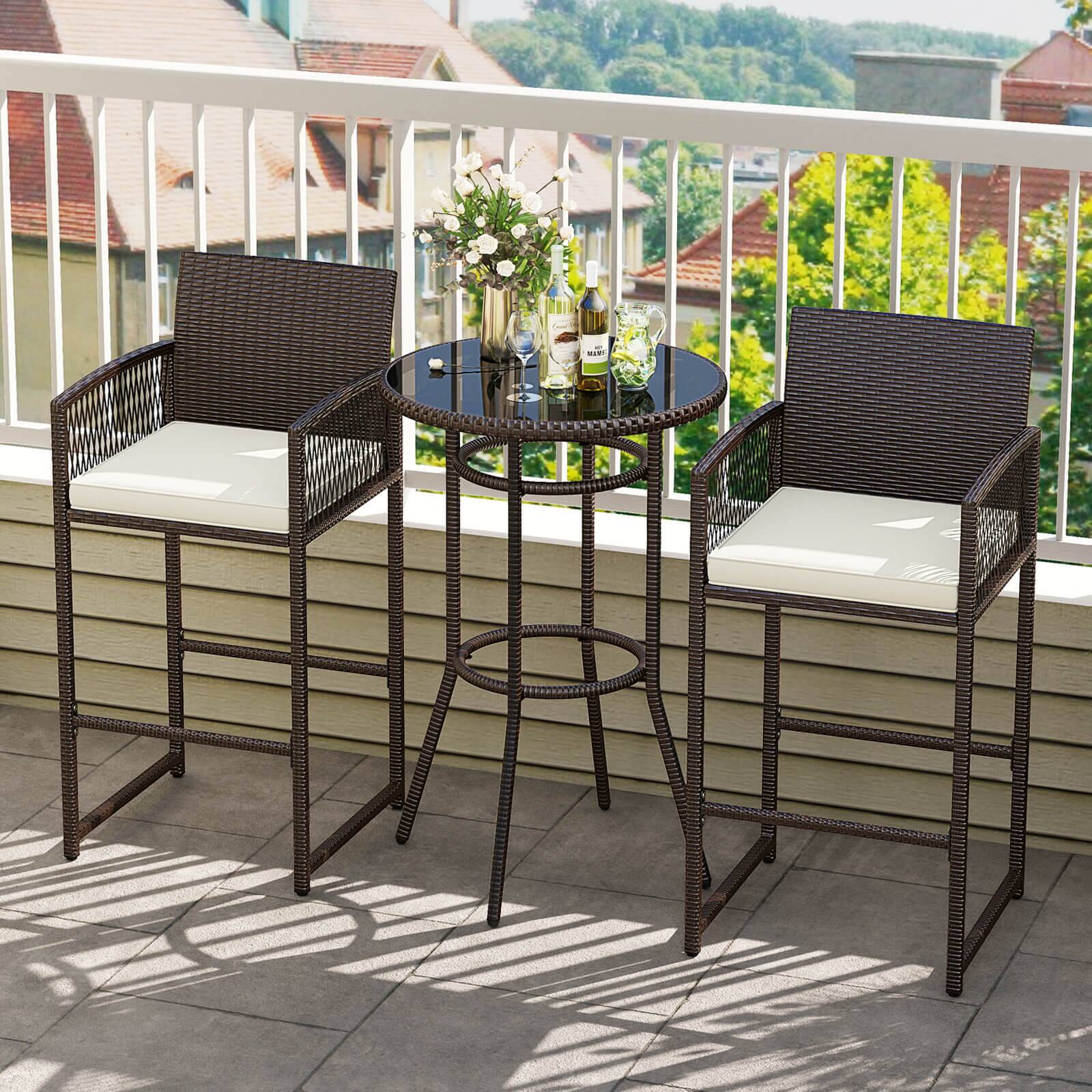 Alt View 1. Costway - Costway 3 Piece Wicker Patio Bar Set with 2 Seat Cushions Glass Tabletop for Backyard - Mix Brown,Off White.