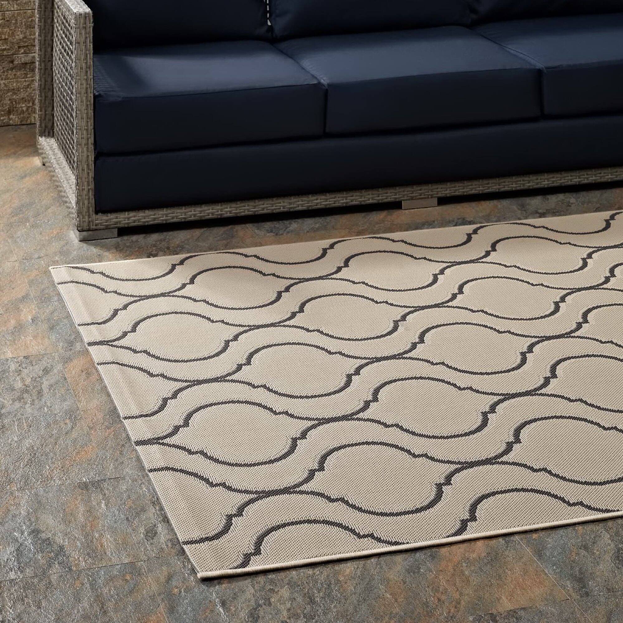 Back. Modway - Linza Wave Abstract Trellis Indoor and Outdoor Area Rug - Beige and Gray.