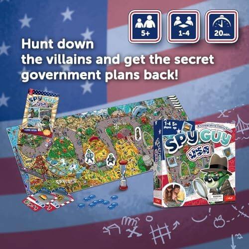 Sure, here is the corrected and grouped text:

---

**Hunt down the villains and get the secret government plans back!**

**SPY GUY USA**

- **Players:** 1-4
- **Age:** 5+
- **Time:** 20 min

**SPY GUY USA**

**800g**

**M # Sde**

---
