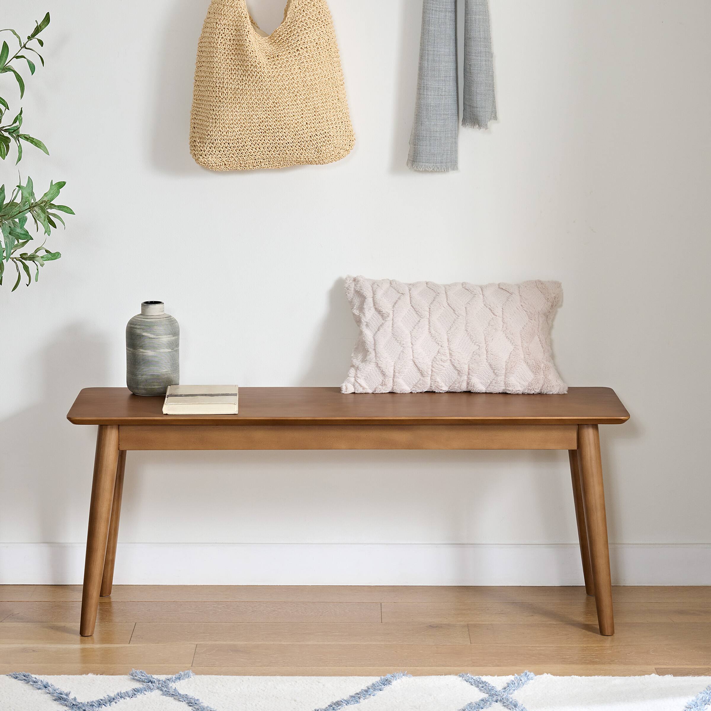 Alt View 4. Alaterre Furniture - 59 in. Pine Wood Mid Century Modern Dining Table with Bench Seat and Set of 2 Rubber Wood Chairs - Warm Walnut.