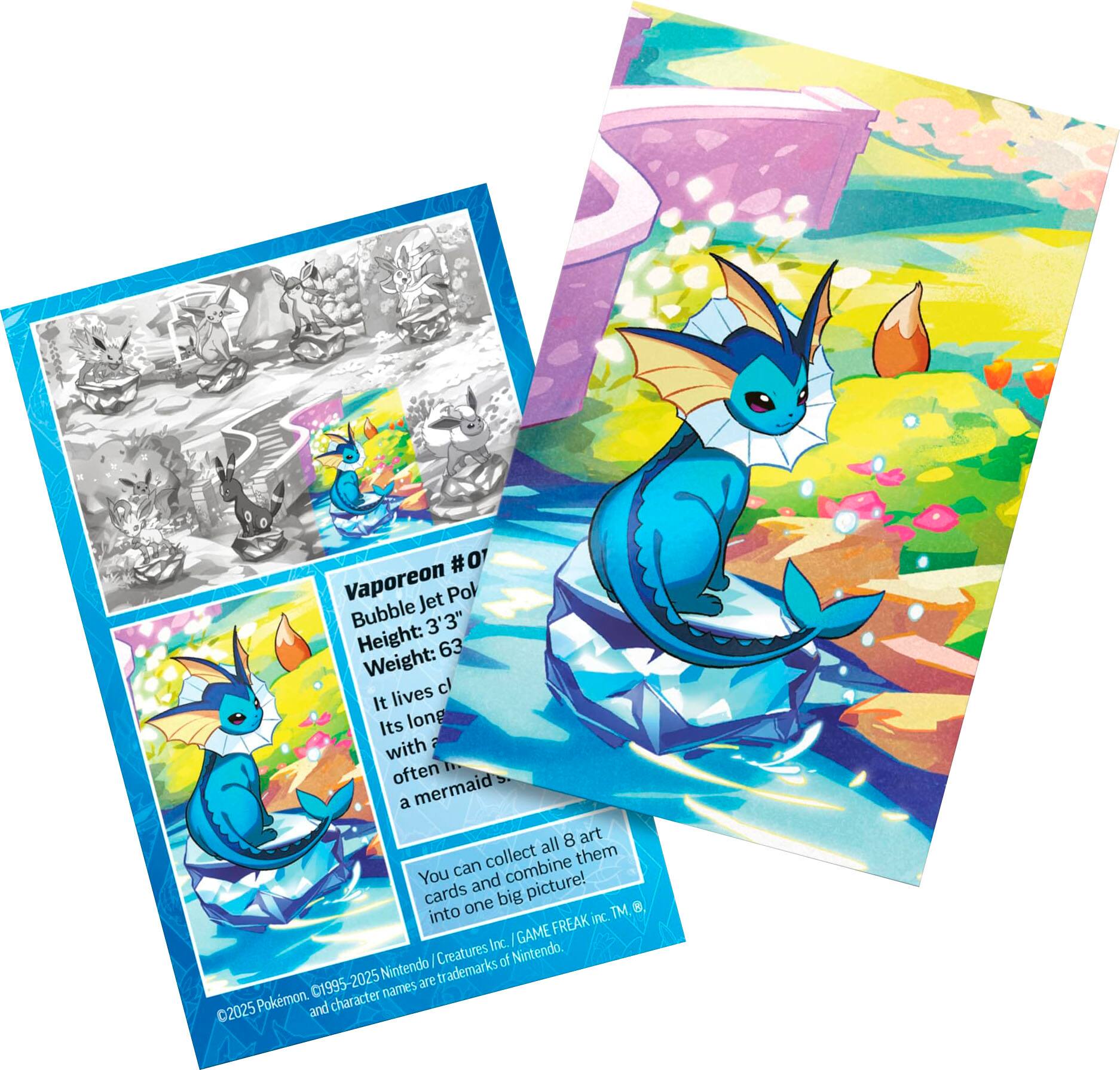The text on the image reads:

"#07 Vaporeon Jet Pump Bubble 3'3" Height: 63 Weight: 63 lbs. Lives in water. It's long tail often has a mermaid-like appearance. Collect them all! You can combine cards and pictures! One big M.8.8 into one inc TM GAME FREAK Creatures Inc. Nintendo Nintendo | of C1995-2025 are registered trademarks Pokemon character names 02025 and."
