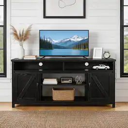 WELLFOR - Farmhouse TV Stand for TVs up to 65", Entertainment Center Console Table with Barn Door - Black