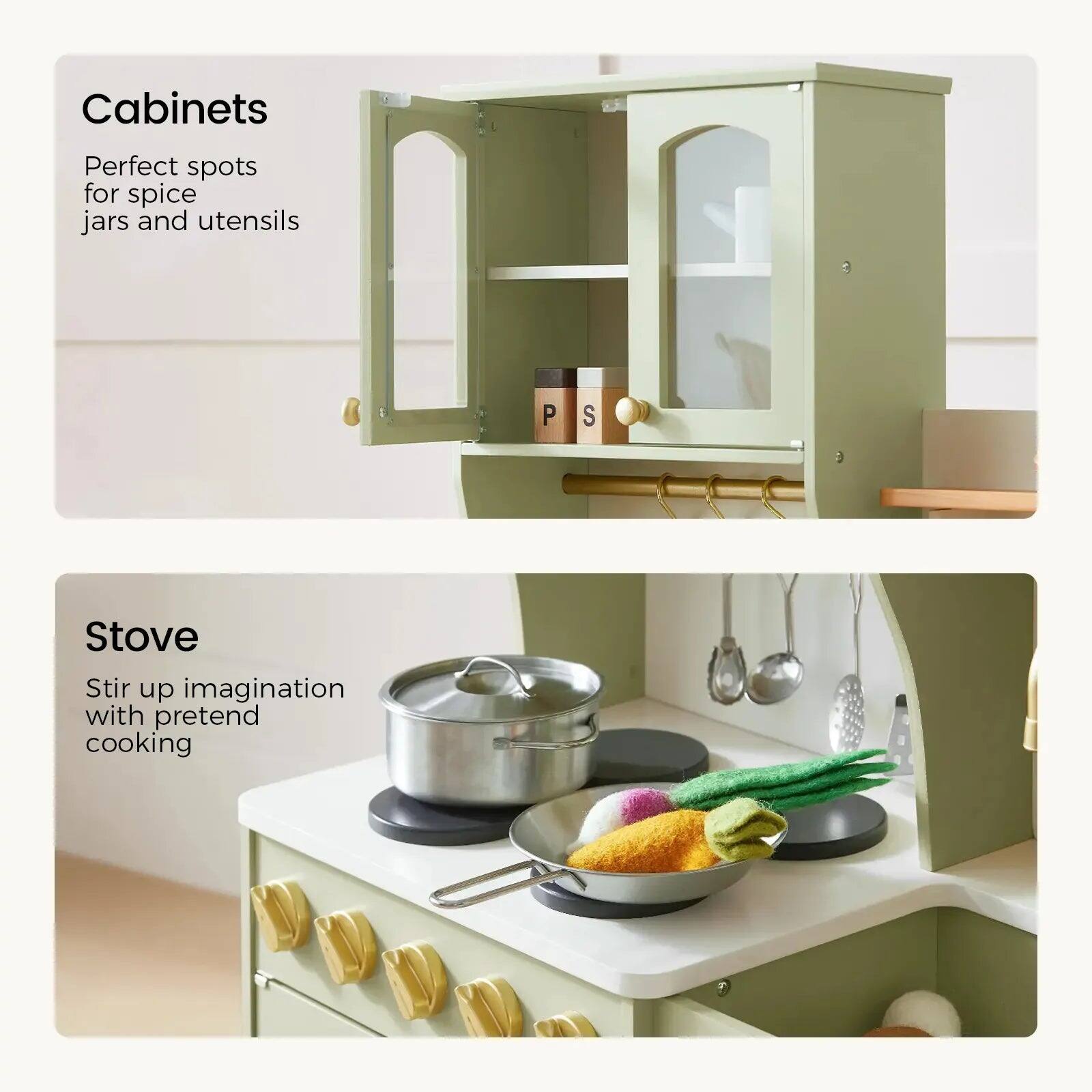 Cabinets  
Perfect spots for spice jars and utensils  

Stove  
Stir up imagination with pretend cooking