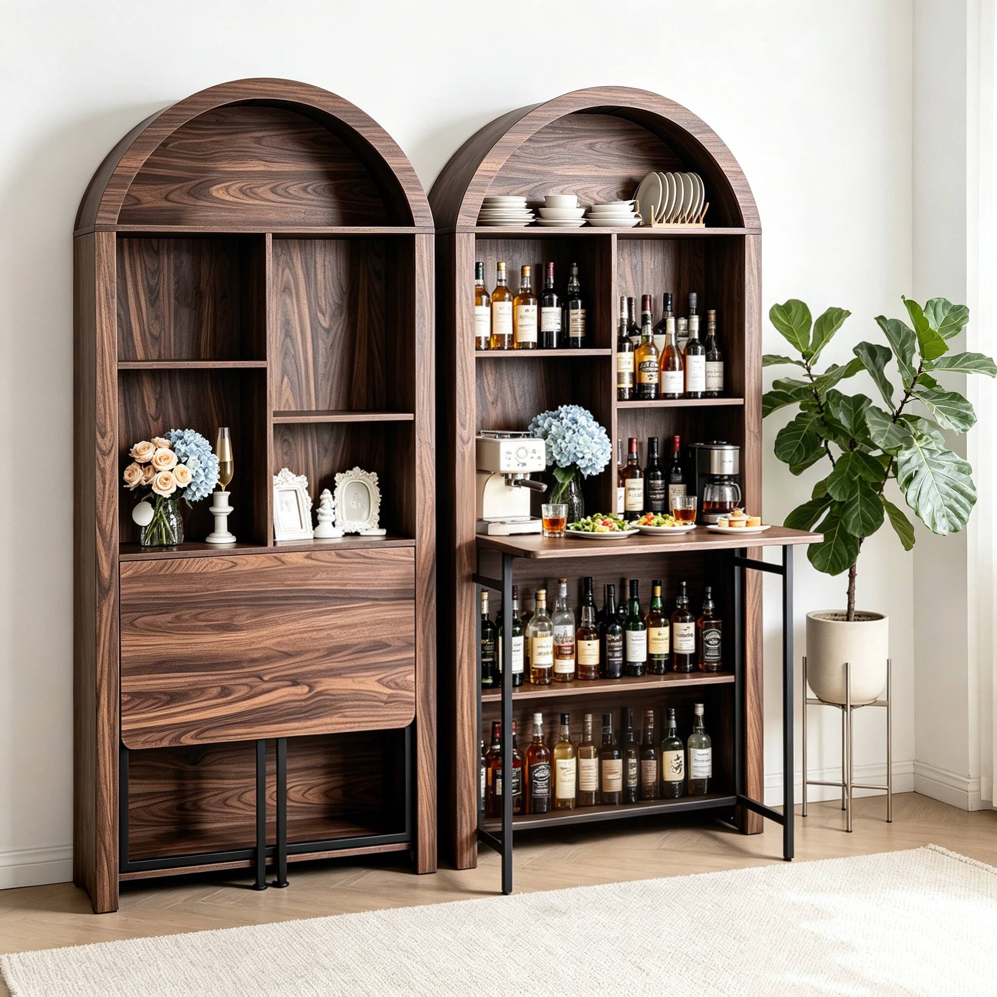 Alt View 4. Bestier - Bookshelf With Fold Down Hidden Desk, Hideaway Desk with Storage Hutch, 71in Space-Saving Storage Cabinet - Walnut.