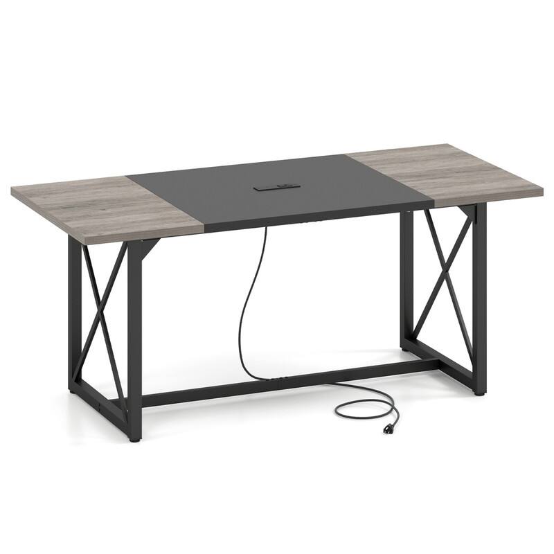 Left. WELLFOR - 6FT Conference Table with Power Outlets, Rectangular Wooden Training Table for 6-8 People - Rustic Oak.