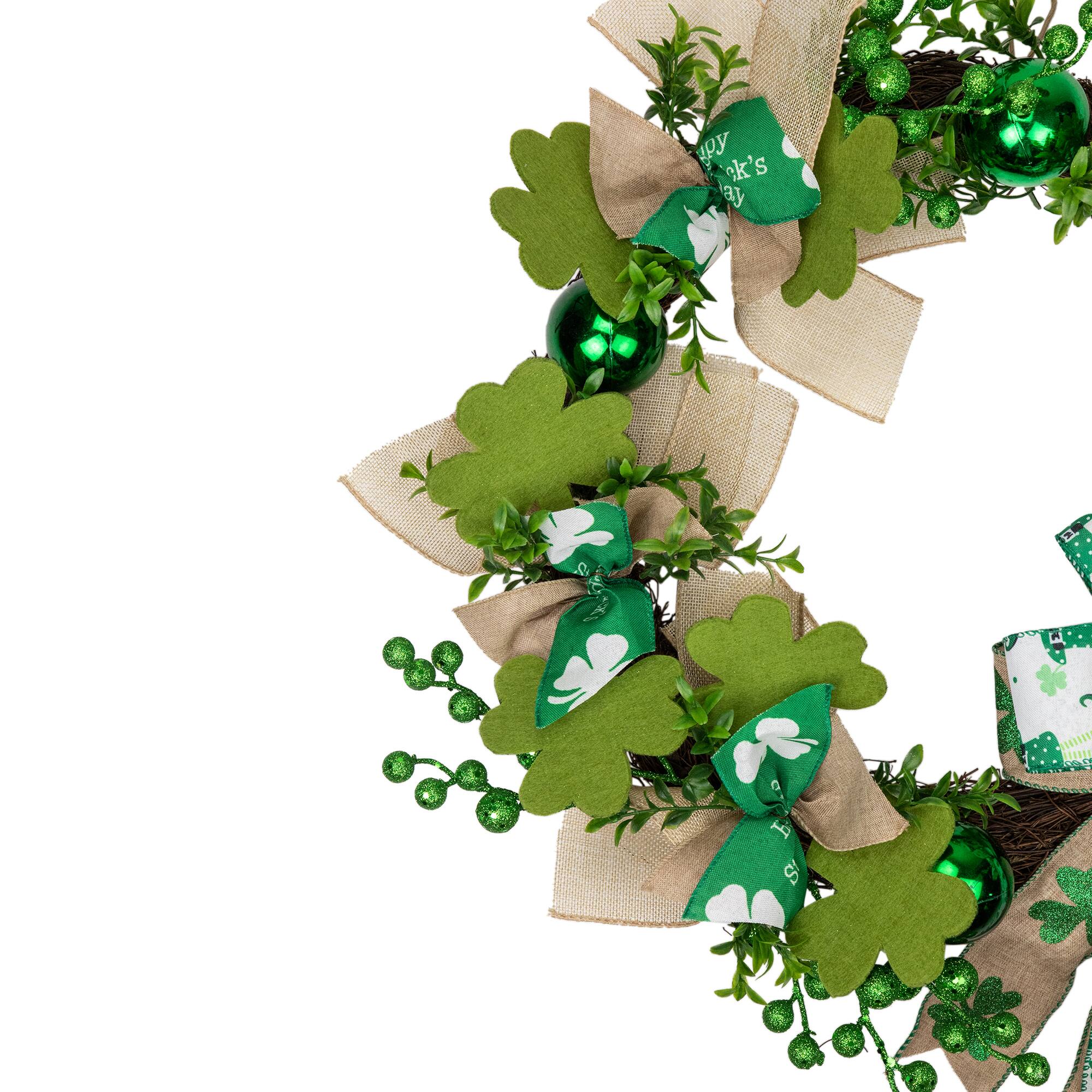 Alt View 3. Northlight - Burlap Bows and Shamrocks St. Patrick's Day Wreath, 24-Inch, Unlit - Green.
