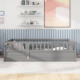 GOODSILO - Twin Size Floor Bed with Safety Barrier and Door for Children, Montessori Inspired Wooden Frame - Gray