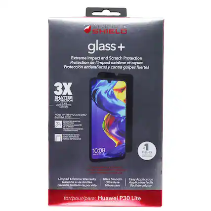 INVISIBLE SHIELD glass+
Extreme Impact and Scratch Protection
Protection de l'impact extrême et rayure
Protección antiarañazos y contra golpes fuertes
3X SHATTER PROTECTION
Vs AN UNPROTECTED SCREEN
NOW WITH/VIOLATEURS/ AHORA CON:
ADVANCED SHATTER PROTECTION
PROTECTION AVANCÉE CONTRE LES ROTURAS
PROTECCIÓN AVANZADA CONTRA ROTURAS
REINFORCED EDGES
BORDS REFORCÉS
BORDES REFORZADOS
10:08
tue, mar 26
#1 SELLING SCREEN PROTECTION
CASE-FRIENDLY COVERAGE
COUVERTURE ADAPTÉE POUR ETUI
COBERTURA CASE-FRIENDLY
Limited Lifetime Warranty
Garantie à vie limitée
Garantía limitada de por vida
Ultra Smooth
Ultra lisse
Ultrasuave
Easy Application
Application facile
Fácil de colocar
for/pour/para: Huawei P30 Lite