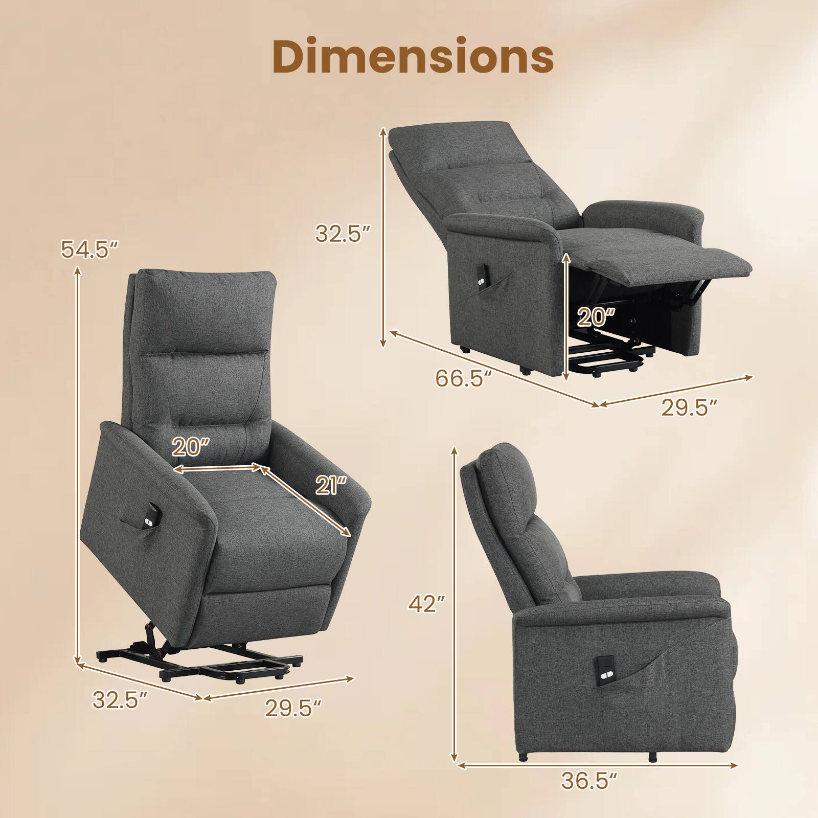 Dimensions:  
54.5" x 32.5" x 20" x 20" x 21" x 66.5" x 29.5" x 42" x 32.5" x 29.5" x 36.5"