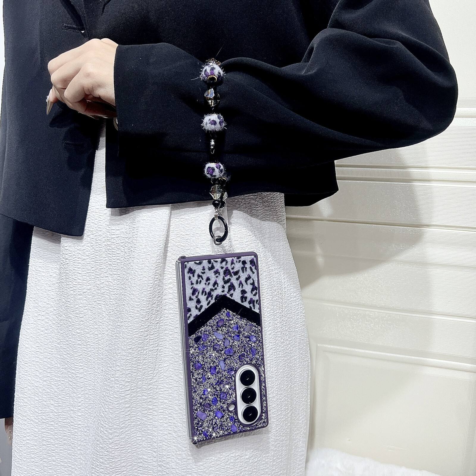 Alt View 4. Dteck - Shockproof Phone Case for Samsung Galaxy Z Fold7 with Beaded Wrist Strap, Glitter Rhinestone Hard PC Protective Cover - Purple.