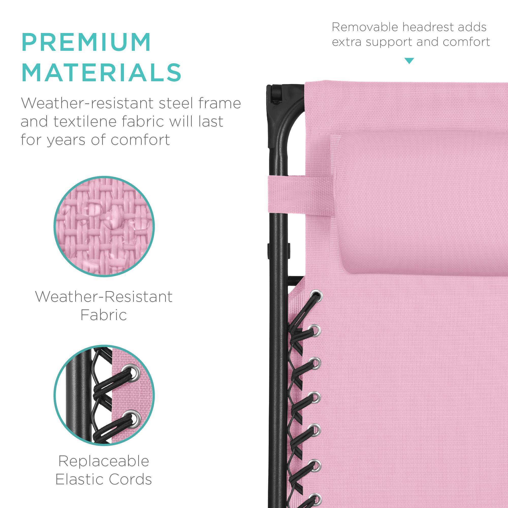 PREMIUM MATERIALS

Weather-resistant steel frame and textilene fabric will last for years of comfort

Weather-Resistant Fabric

Replaceable Elastic Cords

Removable headrest adds extra support and comfort