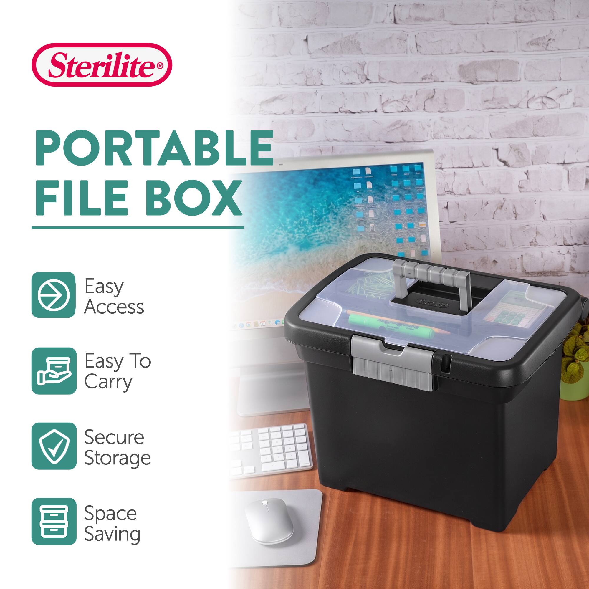 Sterilite PORTABLE FILE BOX  
Easy Access  
Easy To Carry  
Secure Storage  
Space Saving